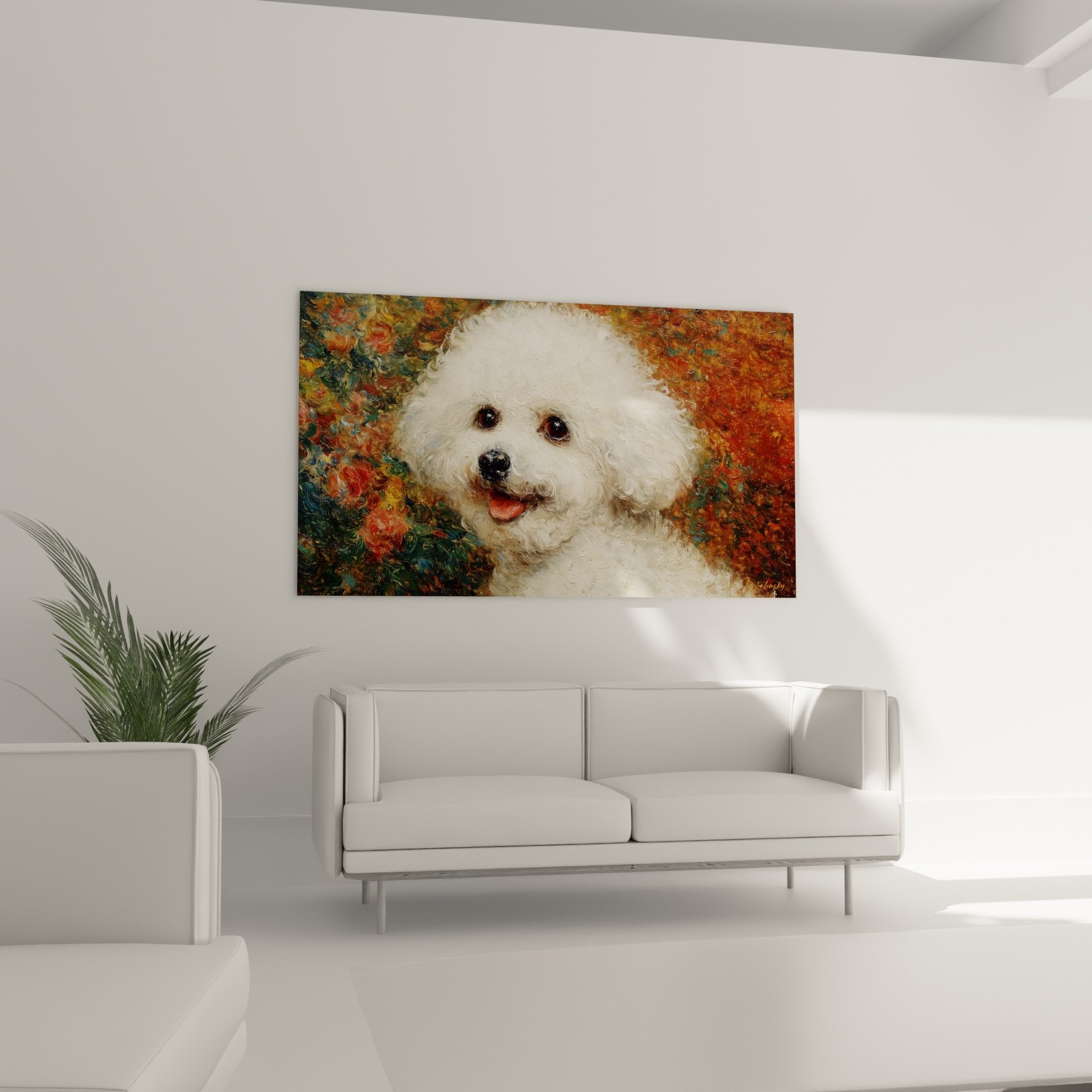 Gros plan caniche blanc yeux petillants pelage texture boucles empâtements peinture technique impressionniste