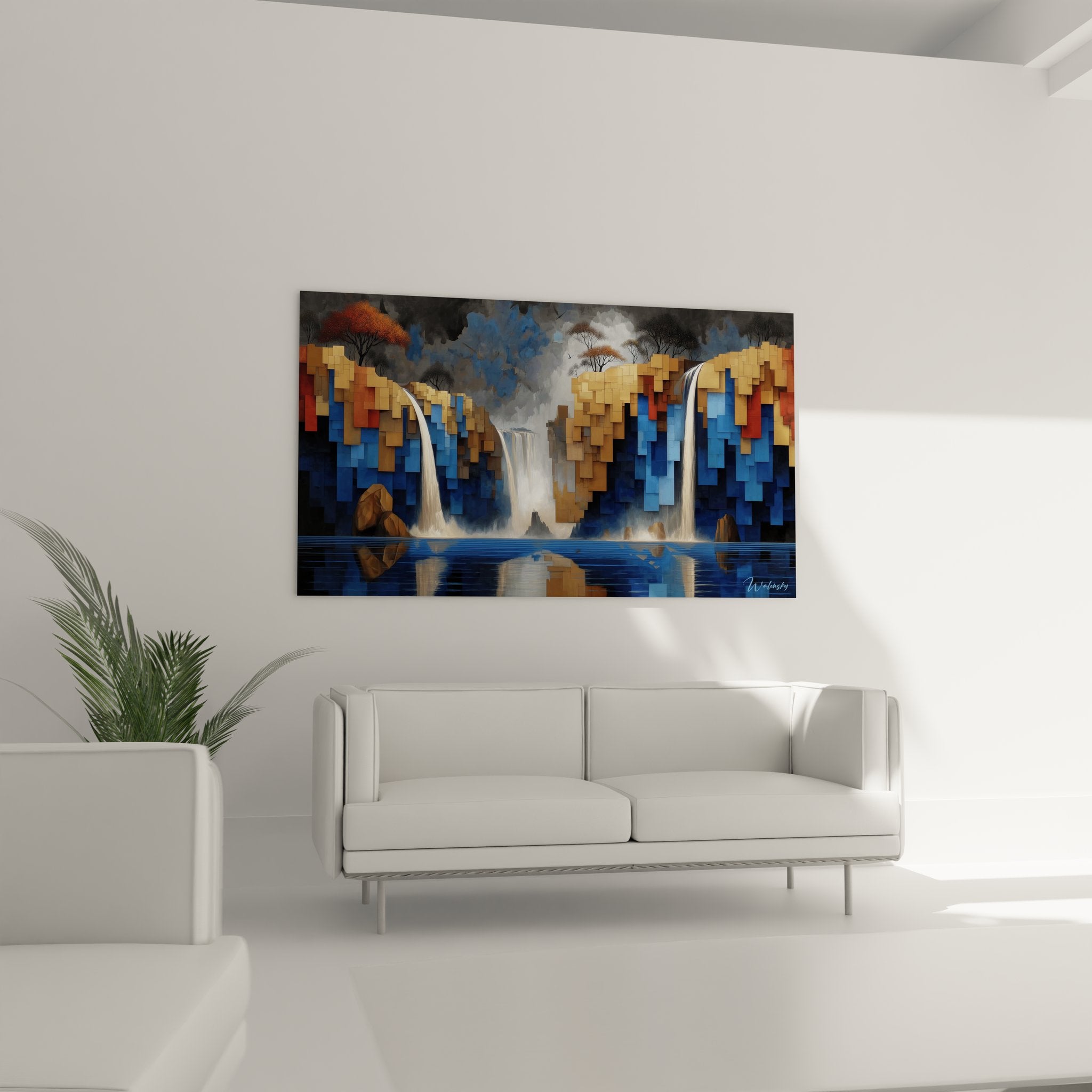 Gros plan tableau cascade géométrique détails pixel art chutes d'eau stylisées