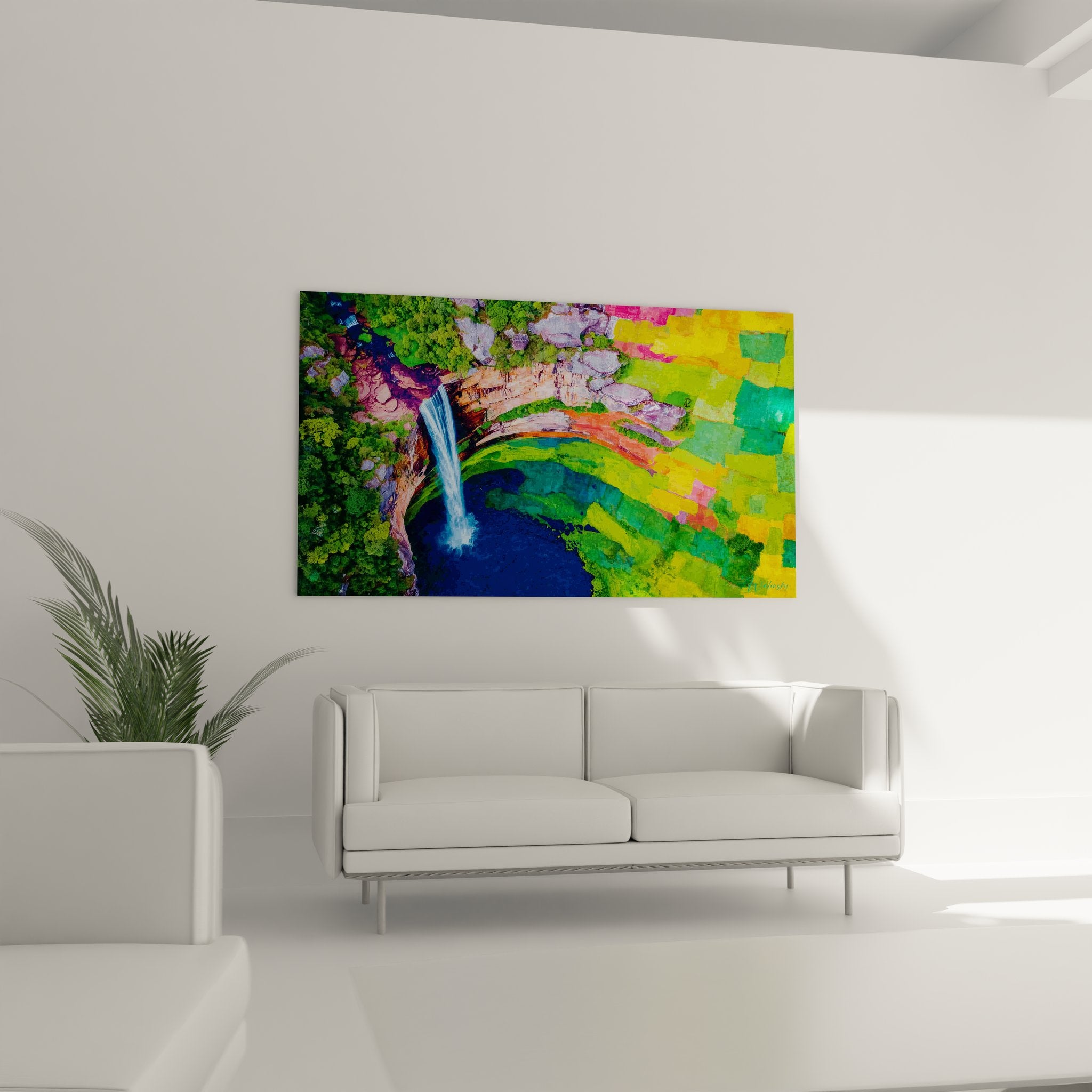 Gros plan tableau cascade art psychédélique montrant détails couleurs vives et textures