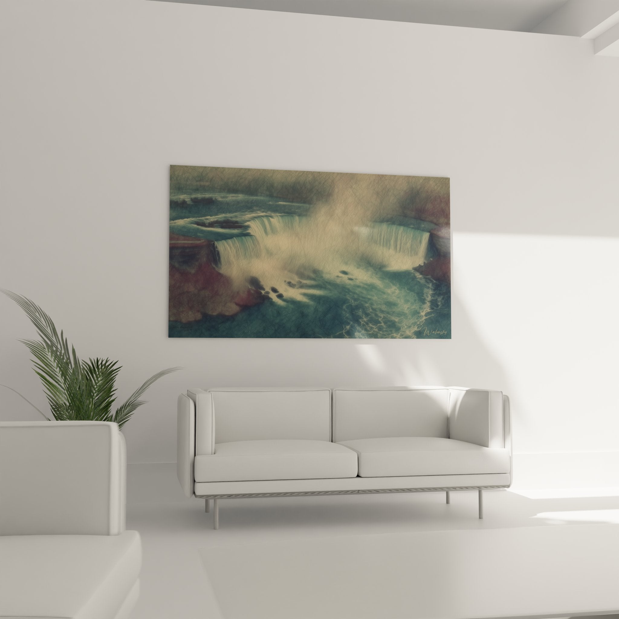 Gros plan tableau cascade détaillé, texture eau tombante avec effets brume dorée et reflets bleus artistiques