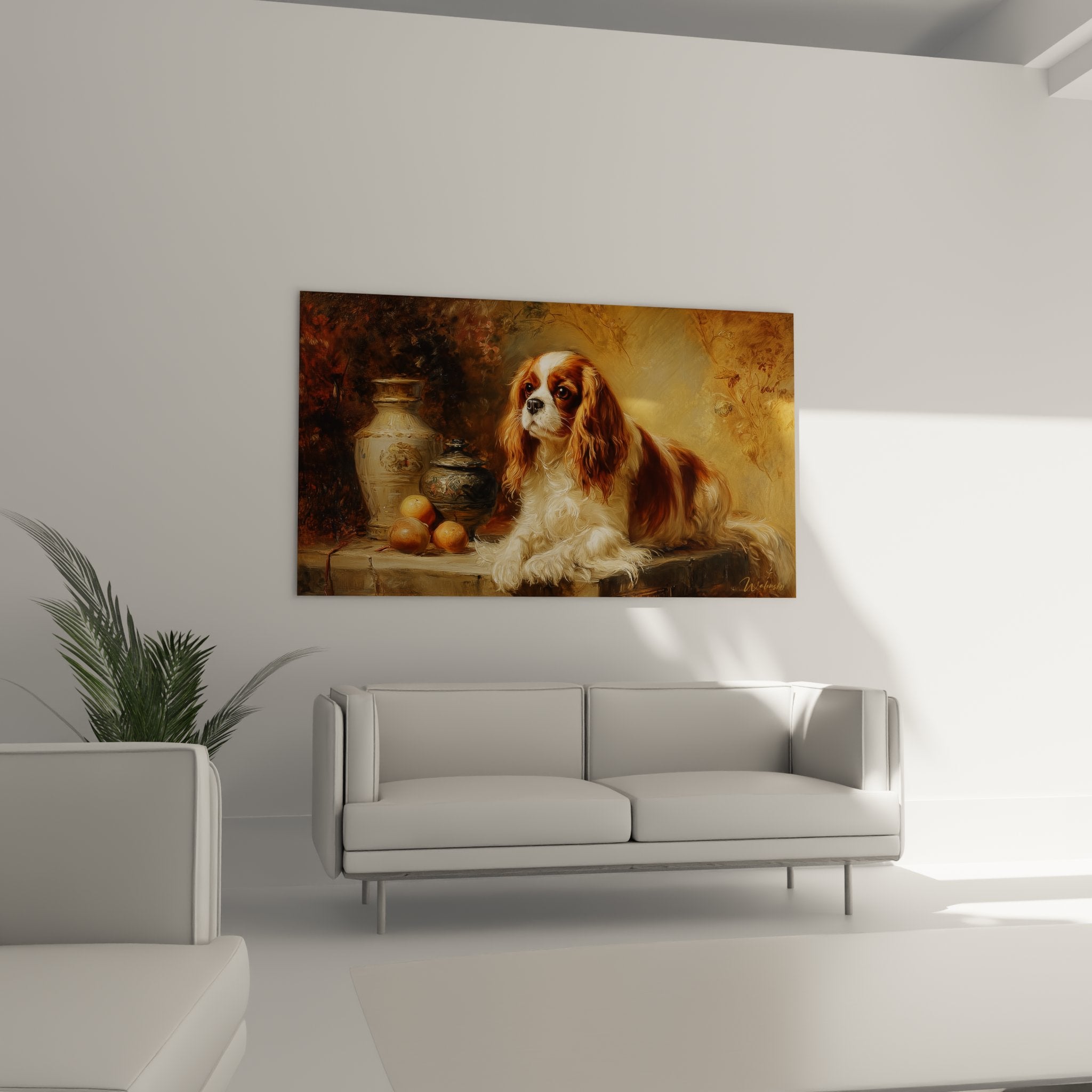 Gros plan Cavalier King Charles roux et blanc aux yeux expressifs dans tableau style classique ambiance dorée