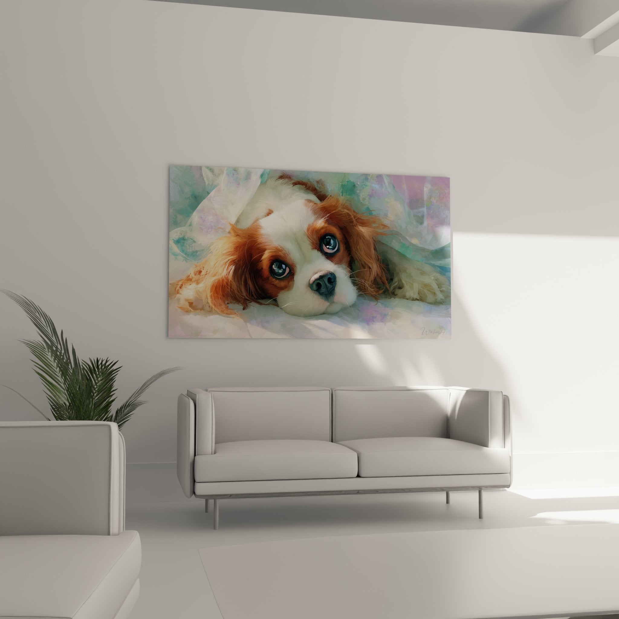 gros plan tableau cavalier king charles yeux bleus perçants pelage auburn blanc technique impressionniste