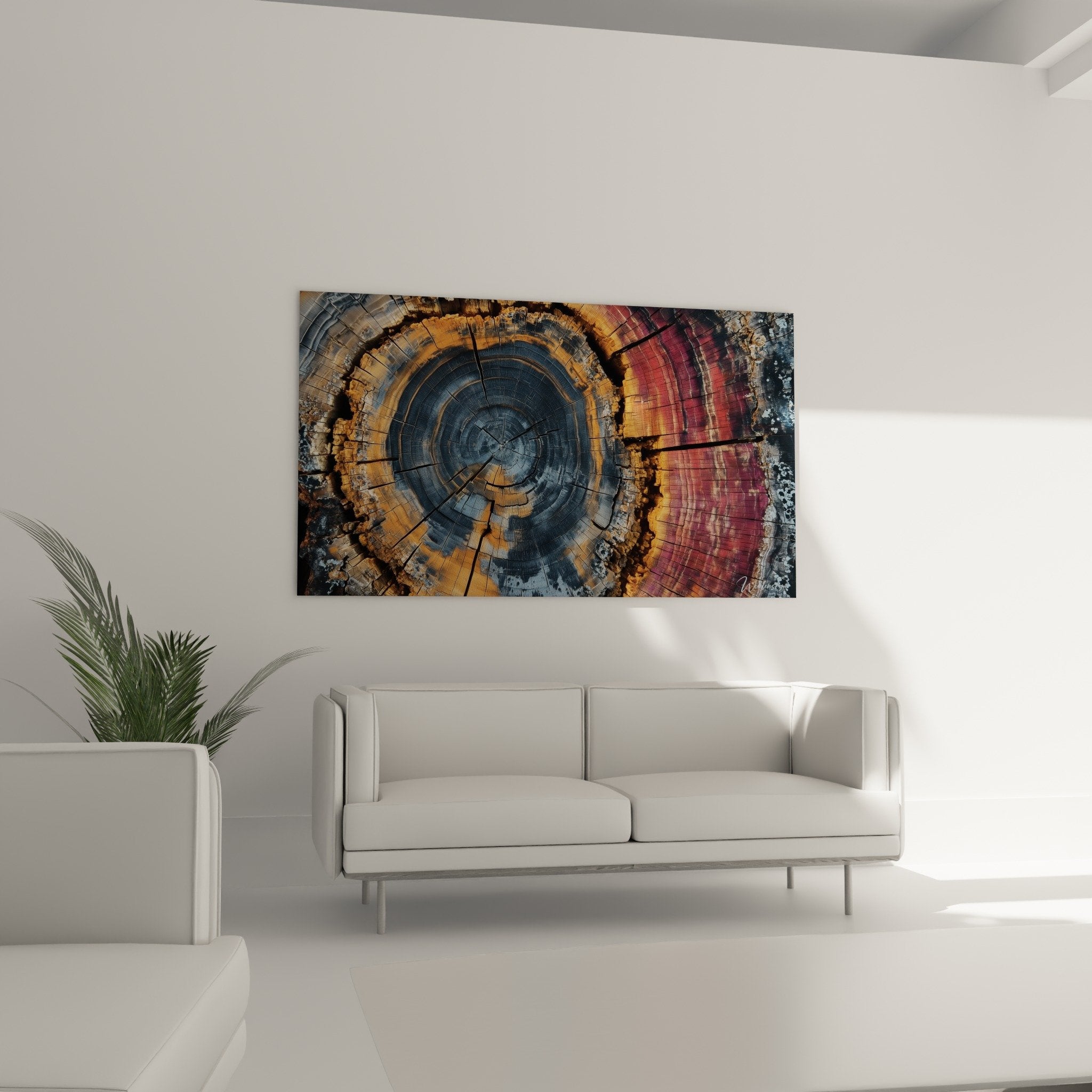Nahaufnahme Jahresringe Baumstamm Wachstum in Blau-, Grau- und Orangetönen radiale Risse Holztextur