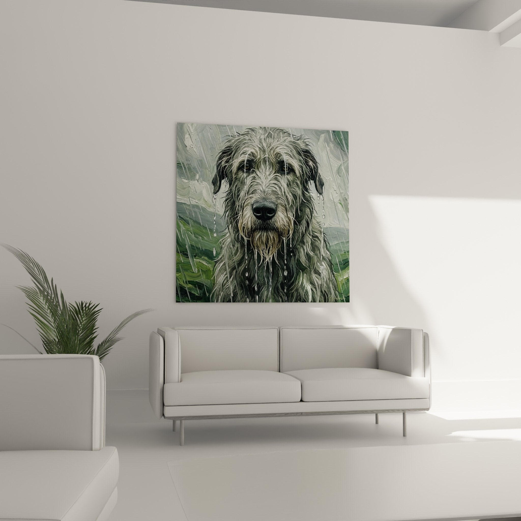 Primo piano di Irish Wolfhound sotto acquazzone, gocce d'acqua sul mantello, espressione toccante, arte realistica