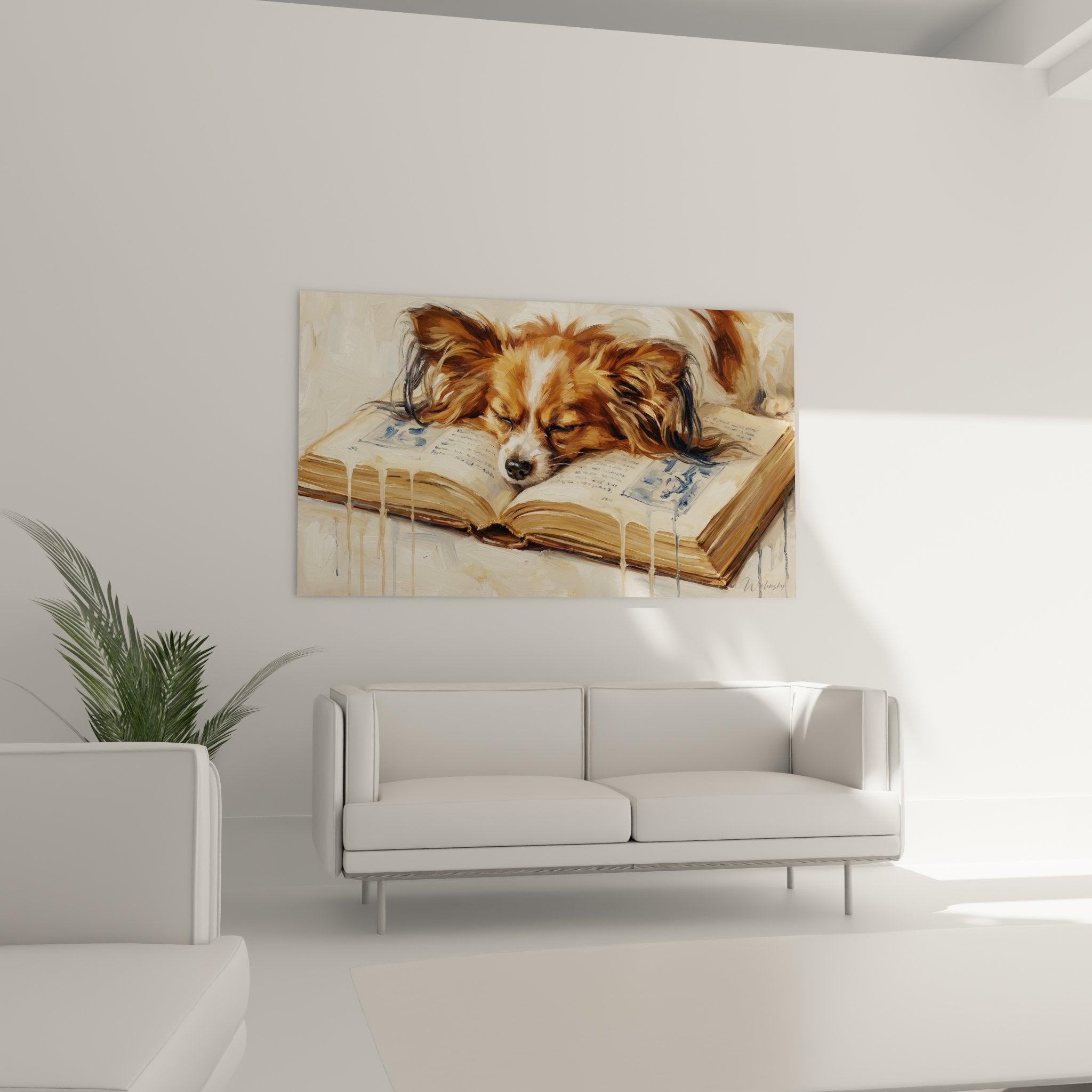 Gros plan pelage soyeux chien papillon roux et blanc reposant paisiblement sur pages de livre ancien