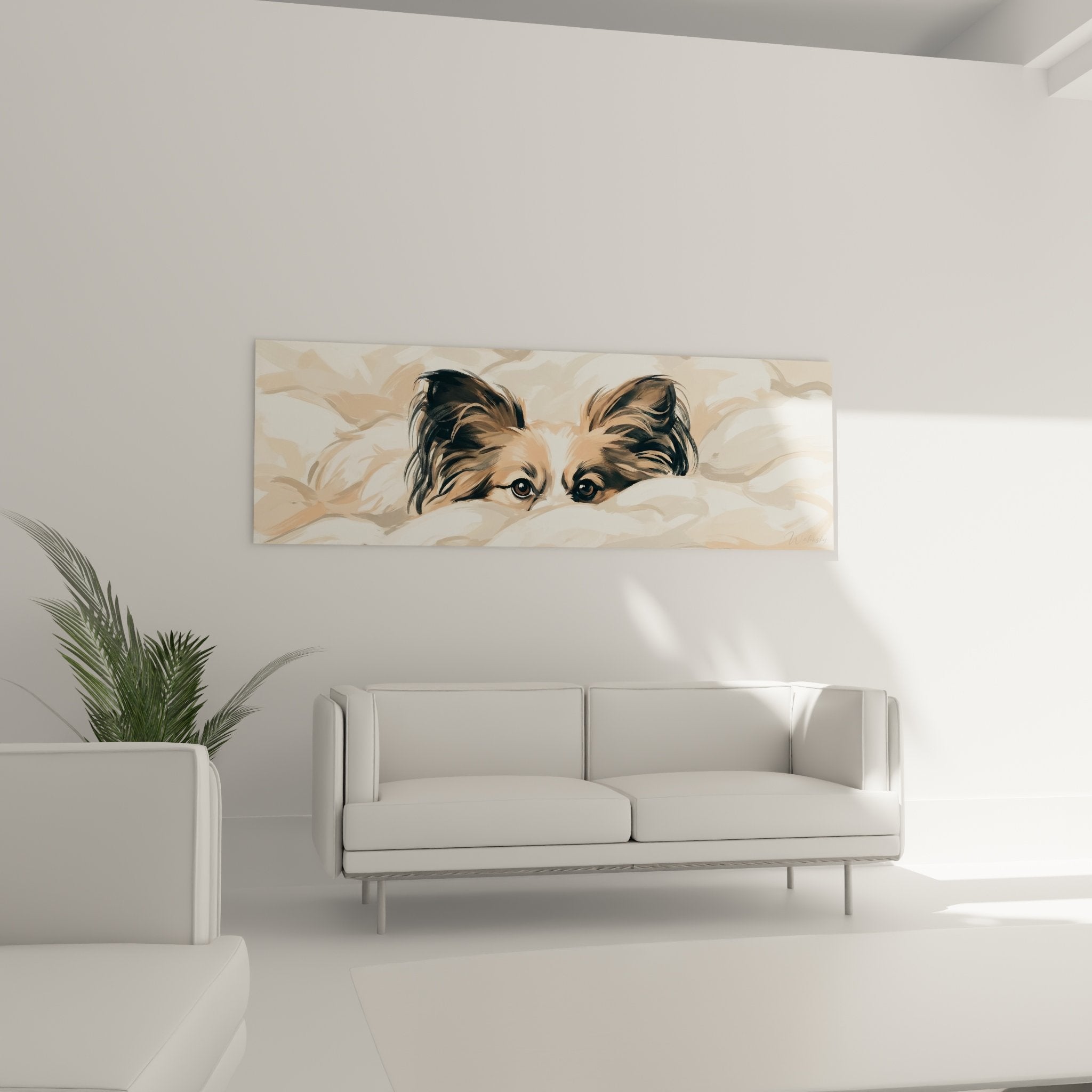 Gros plan sur chien papillon peint aux yeux mi-clos, pelage soyeux et palette de couleurs poudrees