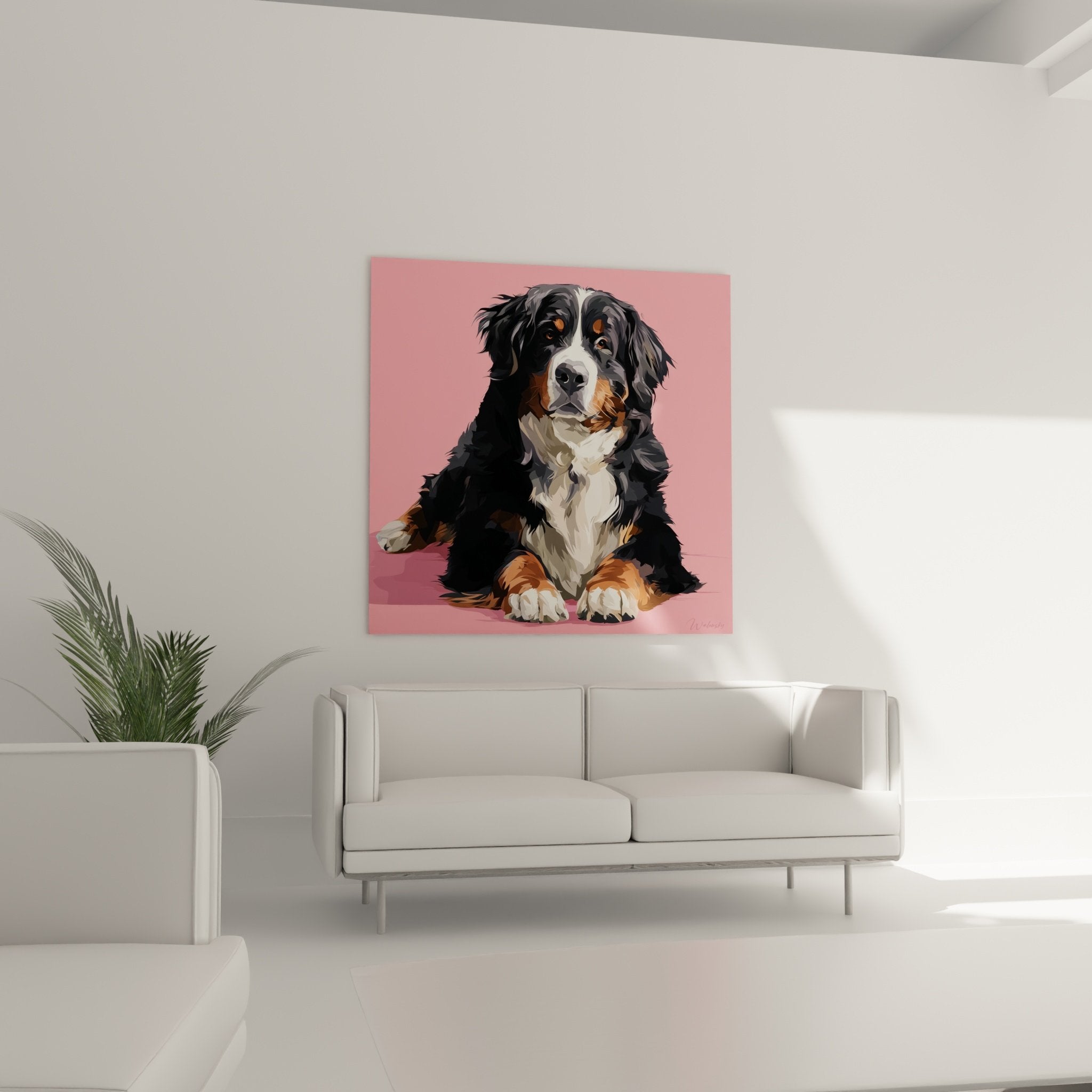 Close-up artistic portrait Bernese Mountain Dog puppy brown eyes tricolor coat