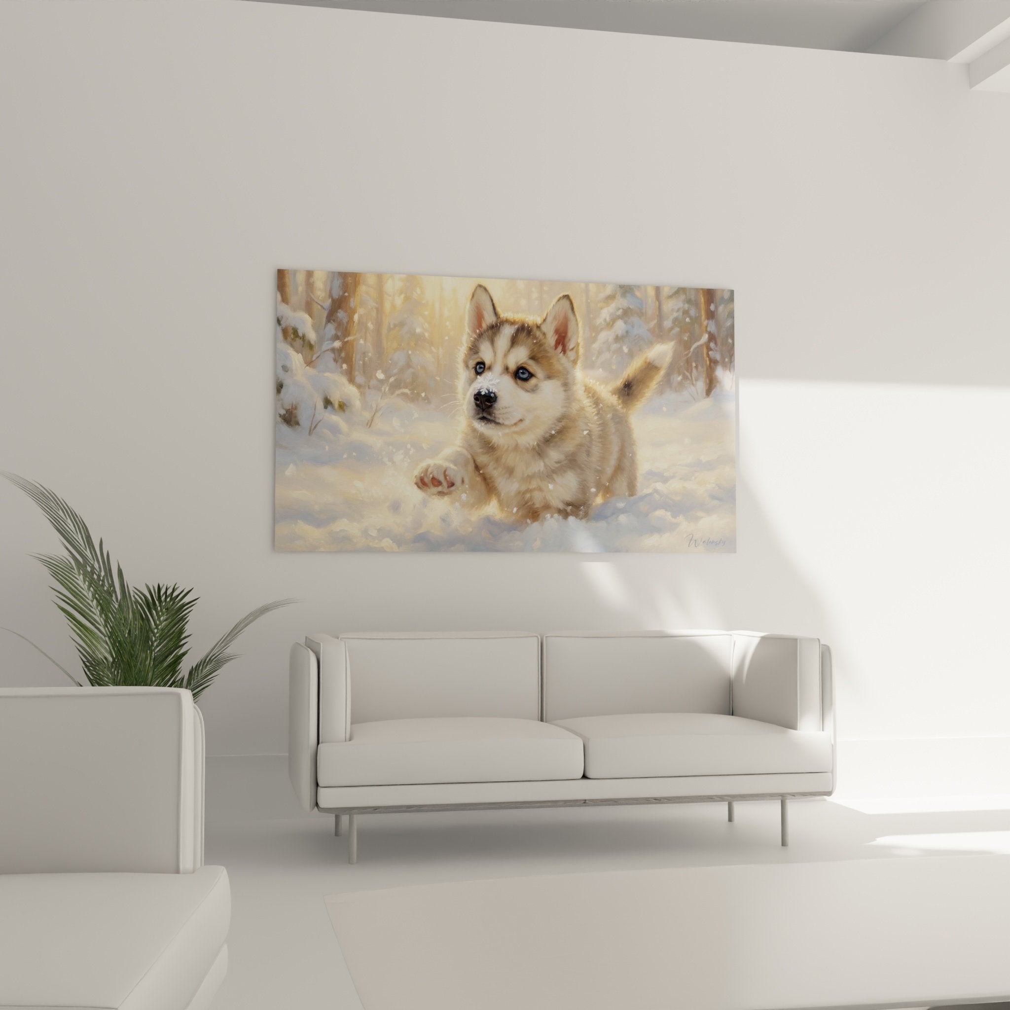 Gros plan chiot husky siberien pelage beige yeux bleus cristallins flocons neige art mural