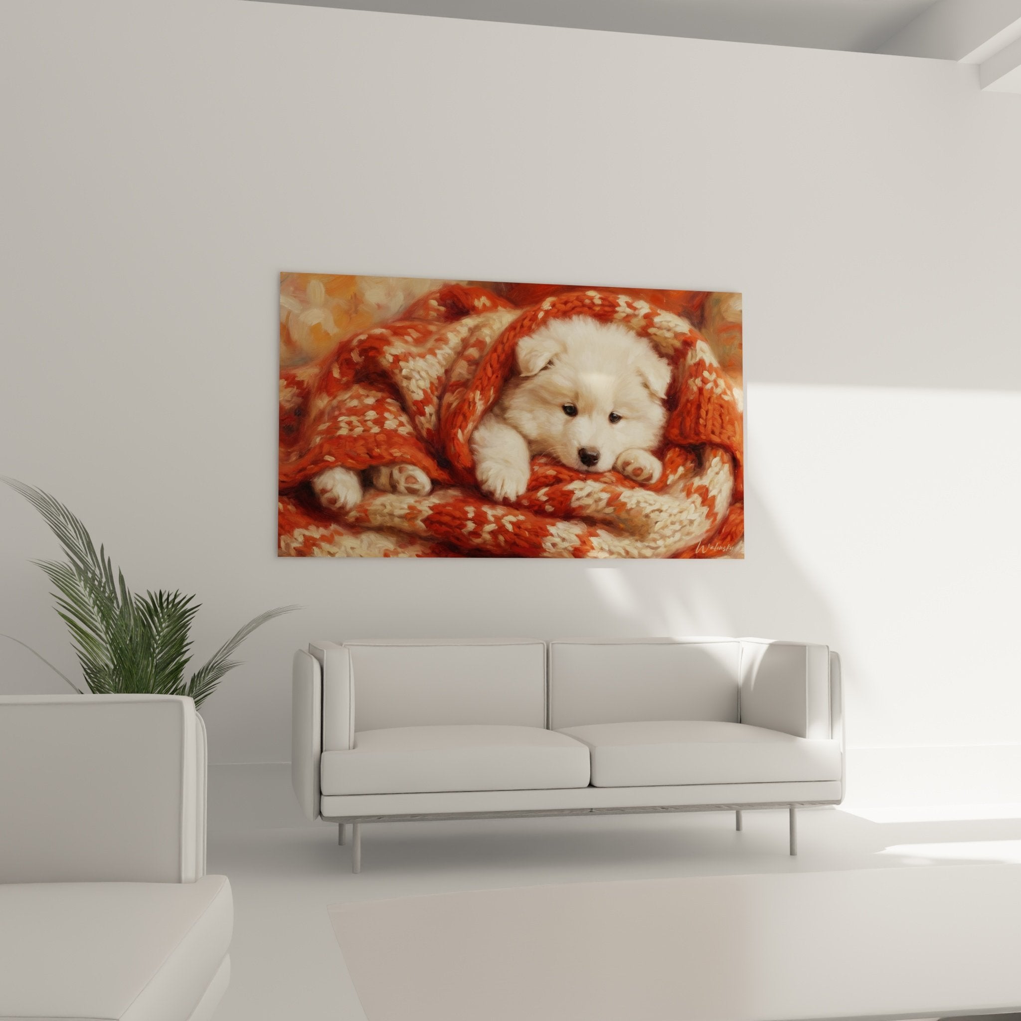 Gros plan peinture chiot samoyede blanc yeux tendres couverture tricotee orange details artistiques
