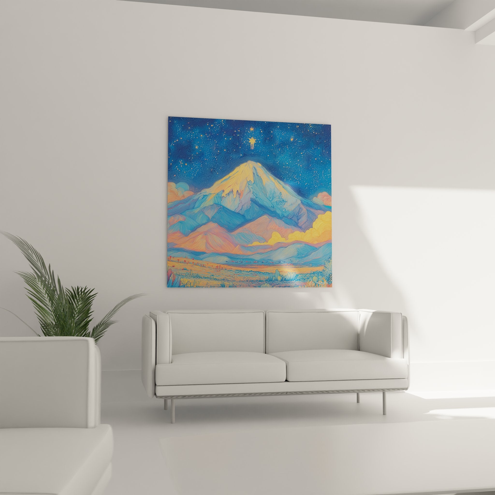 Détail gros plan tableau ciel étoilé tourbillonnant technique picturale Van Gogh montagne désert