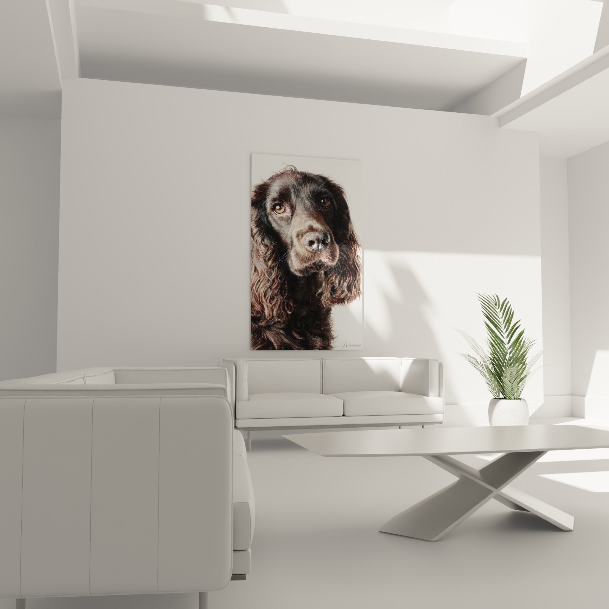 Primo piano cocker spaniel americano occhi espressivi dorati mantello cioccolato texture setosa dettaglio