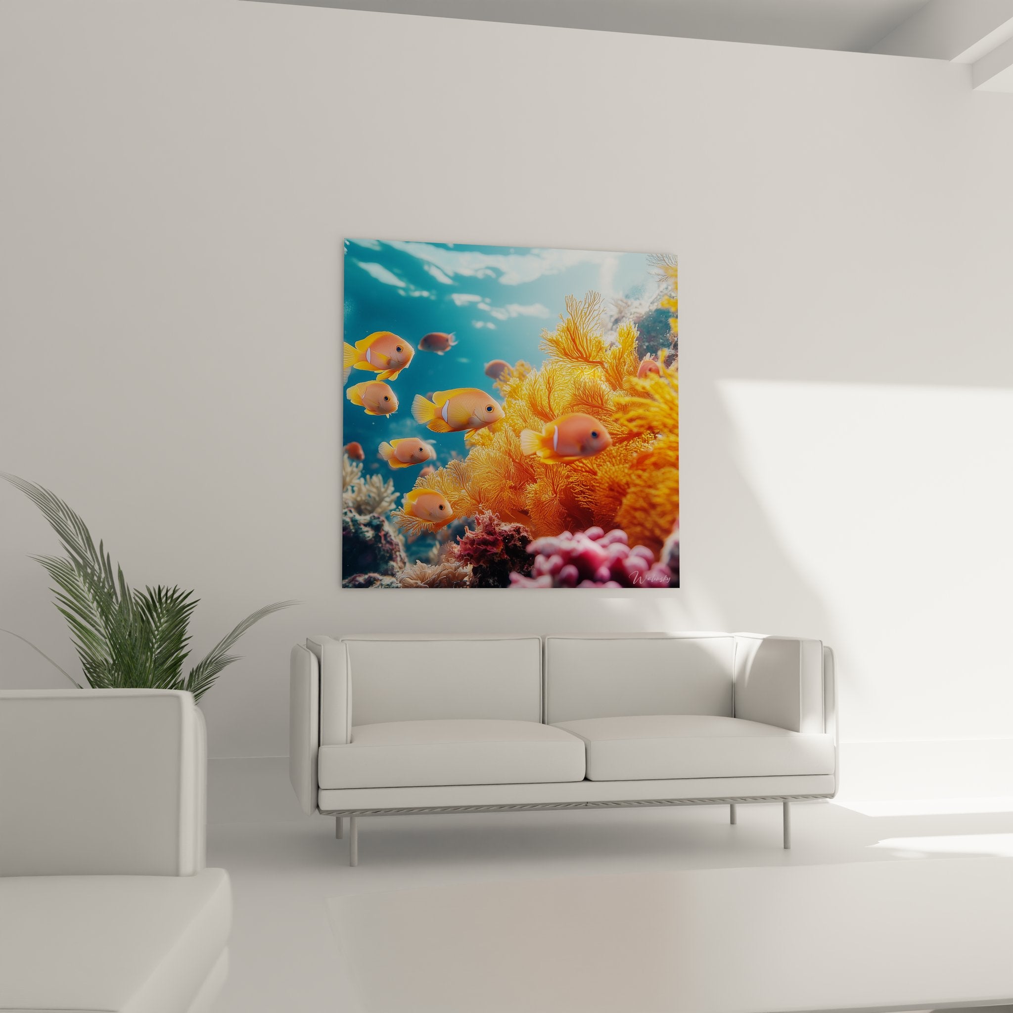 Gros plan tableau coraux orange et poissons tropicaux, détails peinture récif corallien coloré