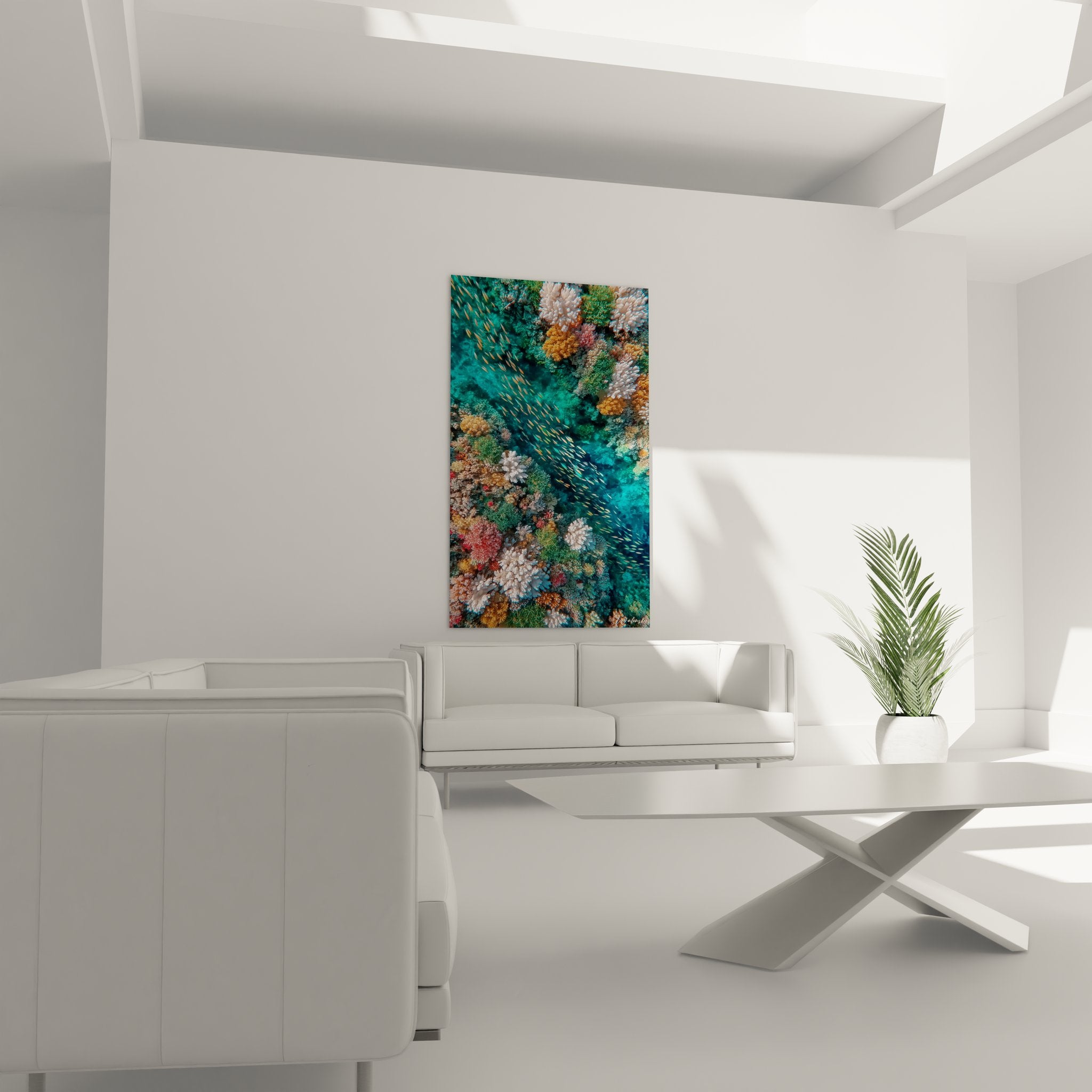 Gros plan détaillé coraux tropicaux multicolores et poissons dorés tableau mural fonds marins artistique
