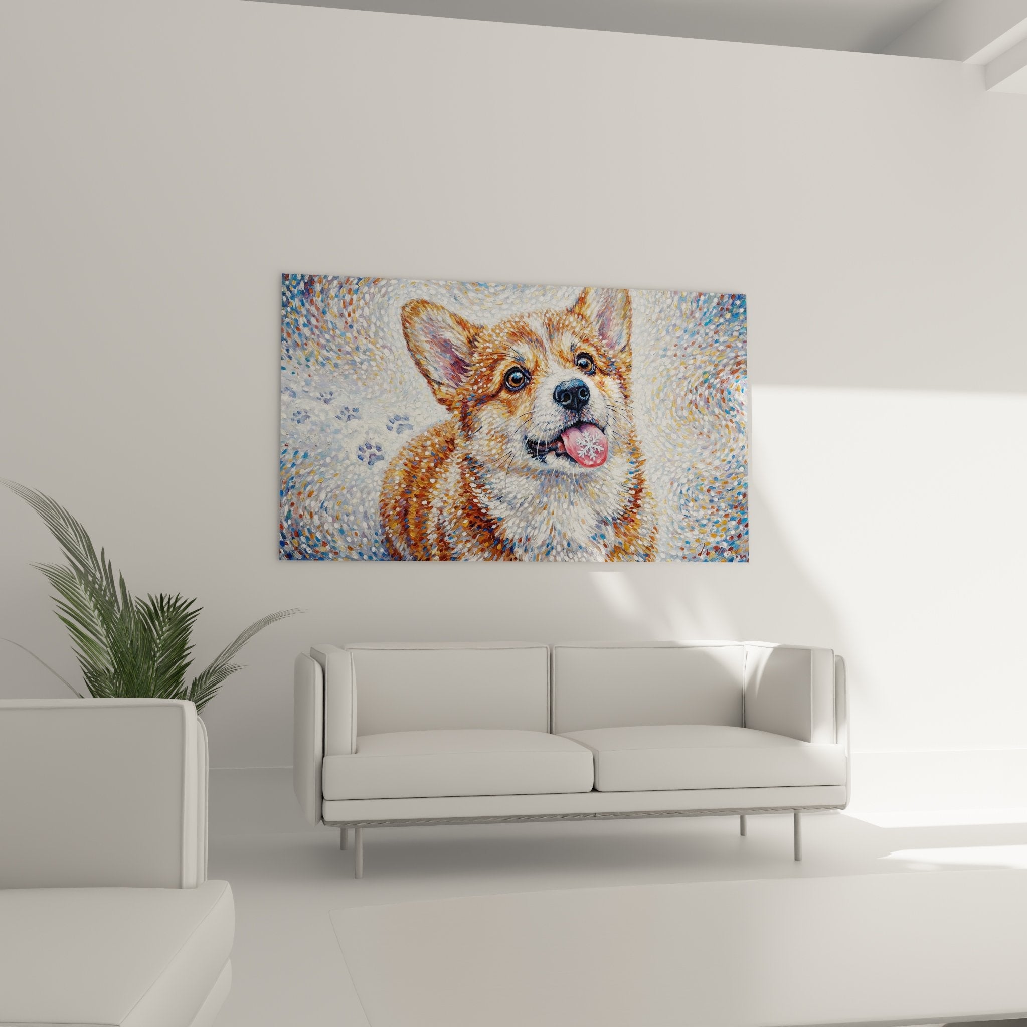Gros plan corgi pembroke yeux noisette langue rose pelage roux blanc technique pointilliste