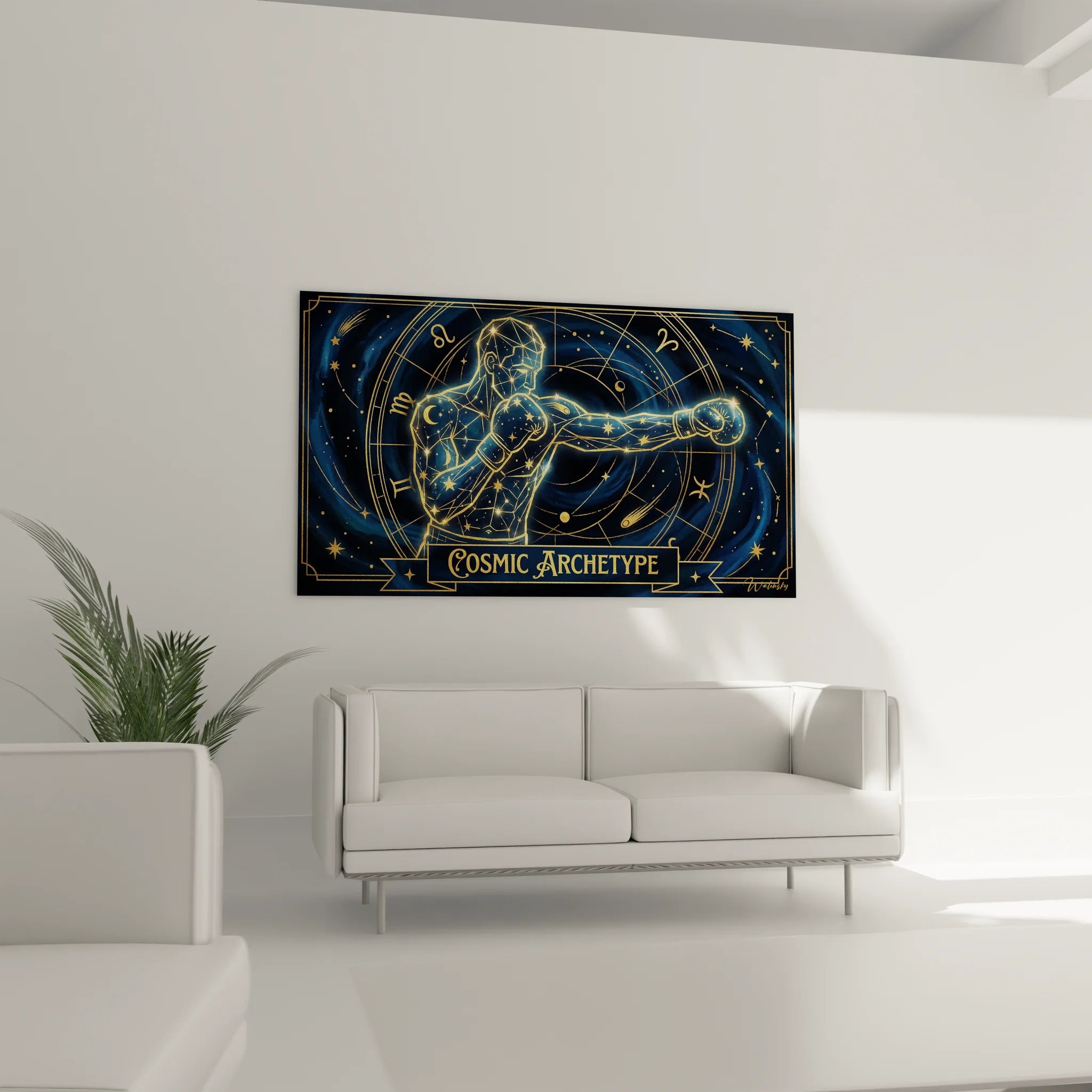 Gros plan tableau cosmic archetype boxeur lignes dorées constellation étoiles art boxe détail