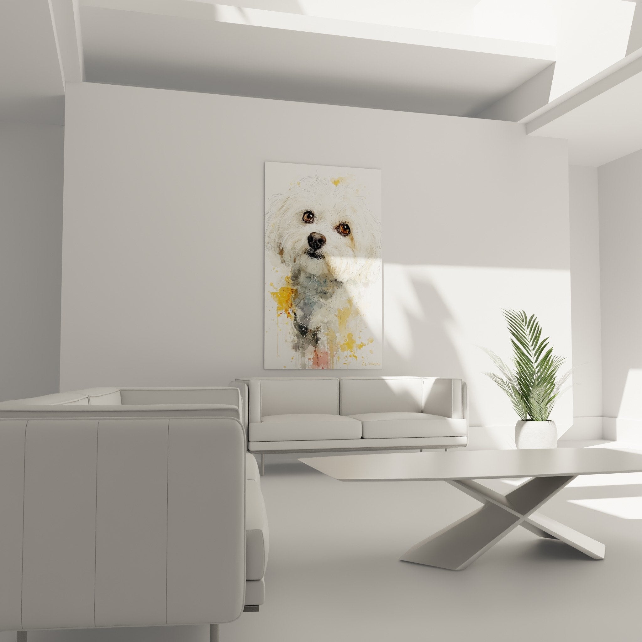 Gros plan portrait Coton de Tuléar aquarelle montrant détails yeux ambrés et pelage blanc soyeux