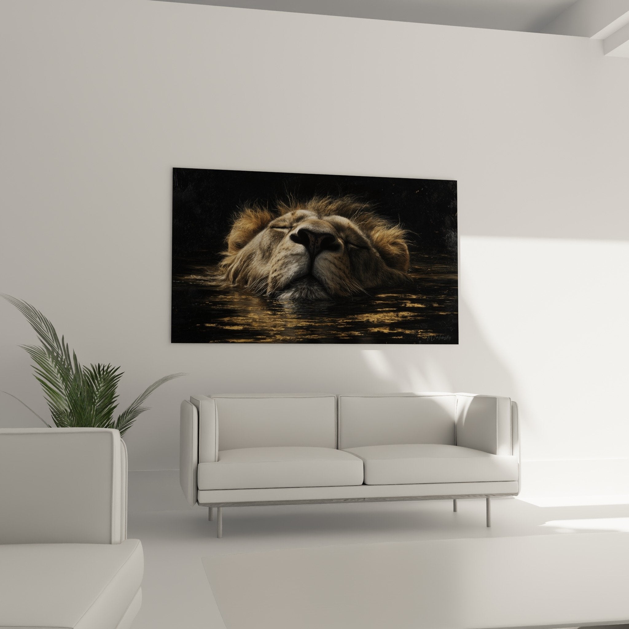 Gros plan criniere doree lion endormi reflets aquatiques tableau artistique