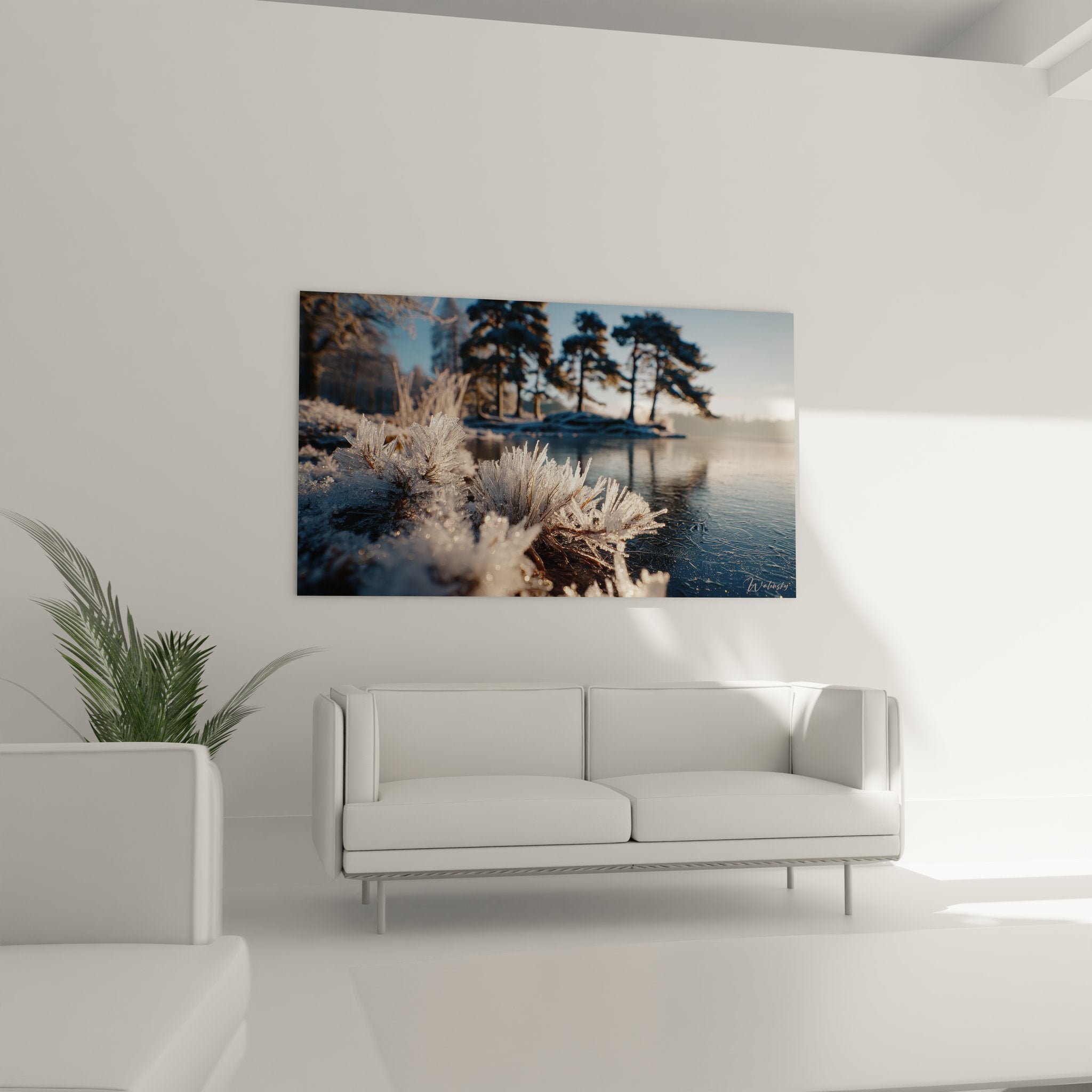 Gros plan cristaux de givre sur végétation hivernale, détail tableau nature hiver