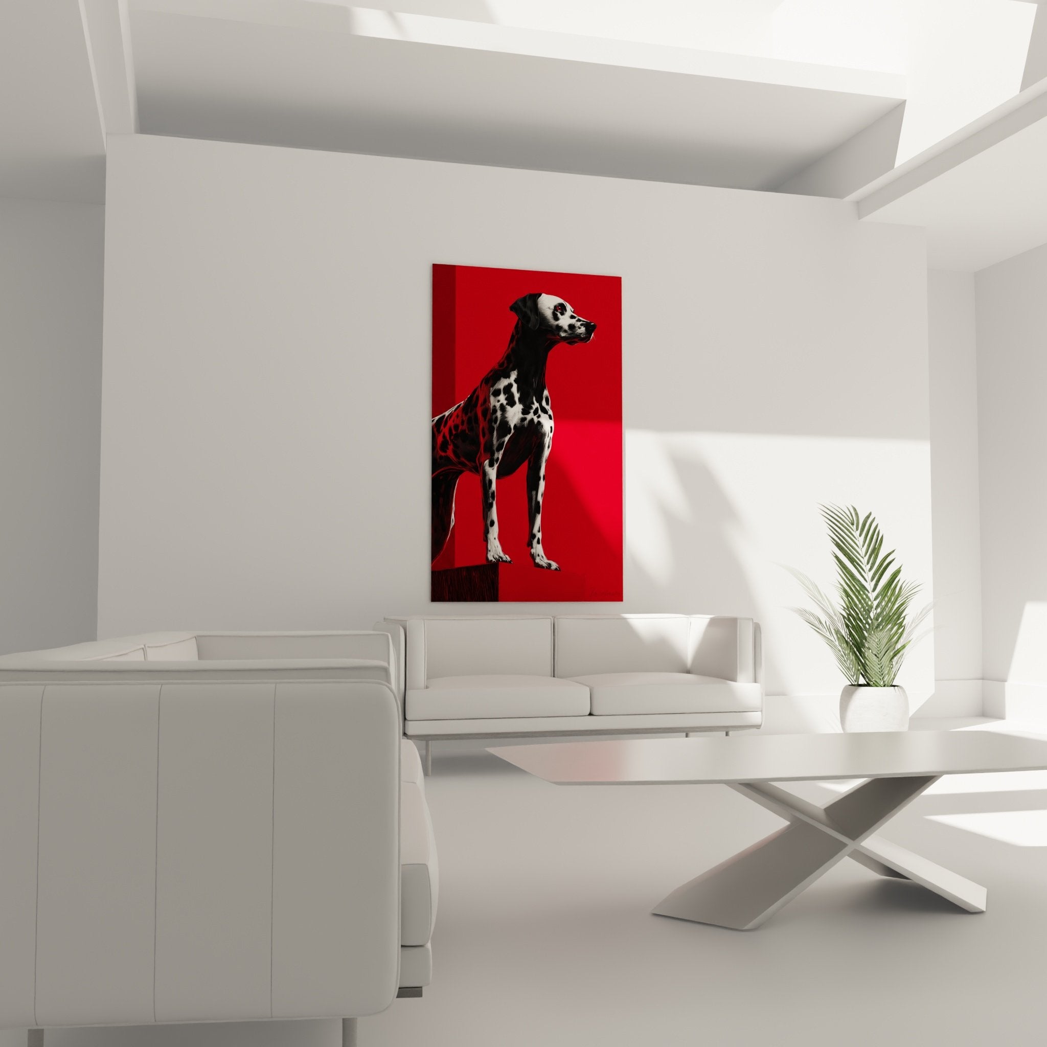 Gros plan tableau dalmatien taches noires detail pelage fond rouge artistique