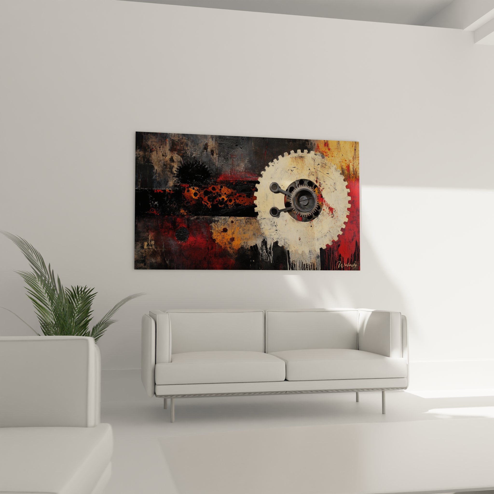 Gros plan détail engrenage blanc et textures rouges du tableau industriel abstrait