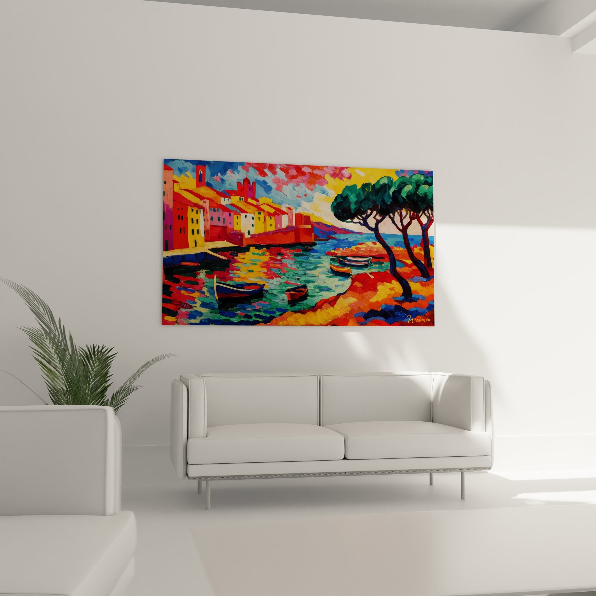 Gros plan détail tableau village côtier peinture expressionniste couleurs méditerranéennes empâtements