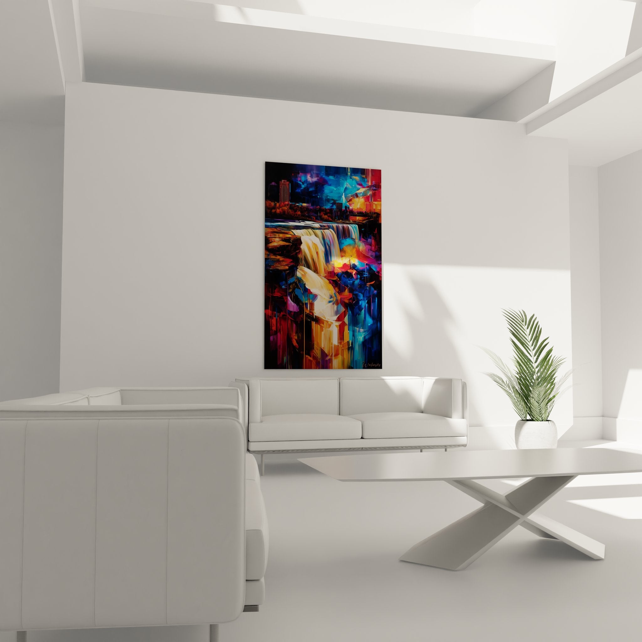 Gros plan sur les détails colorés du tableau cascade urbaine avec effets prismatiques et textures