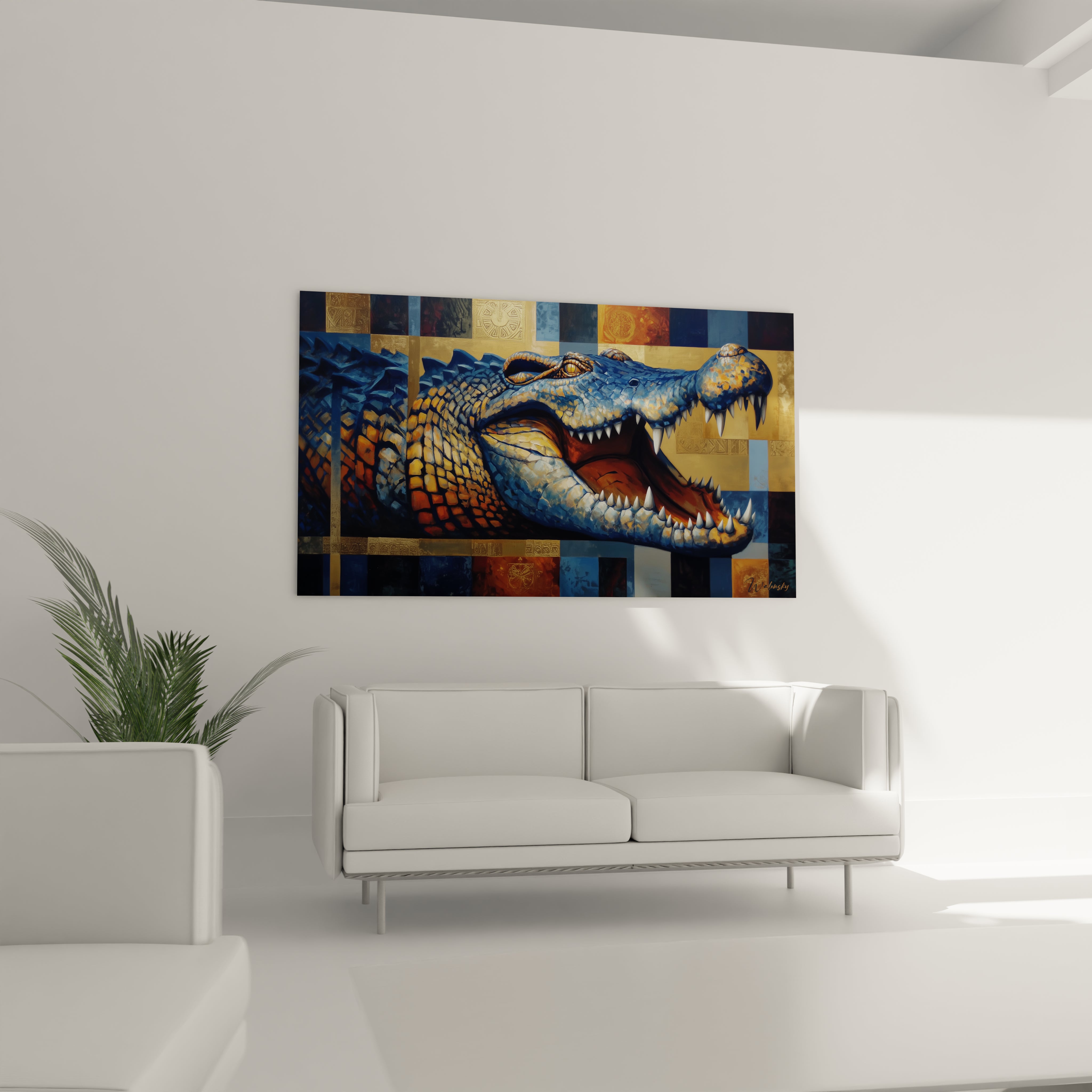 Gros plan détaillé des écailles et yeux dorés du crocodile Kaprosuchus sur toile