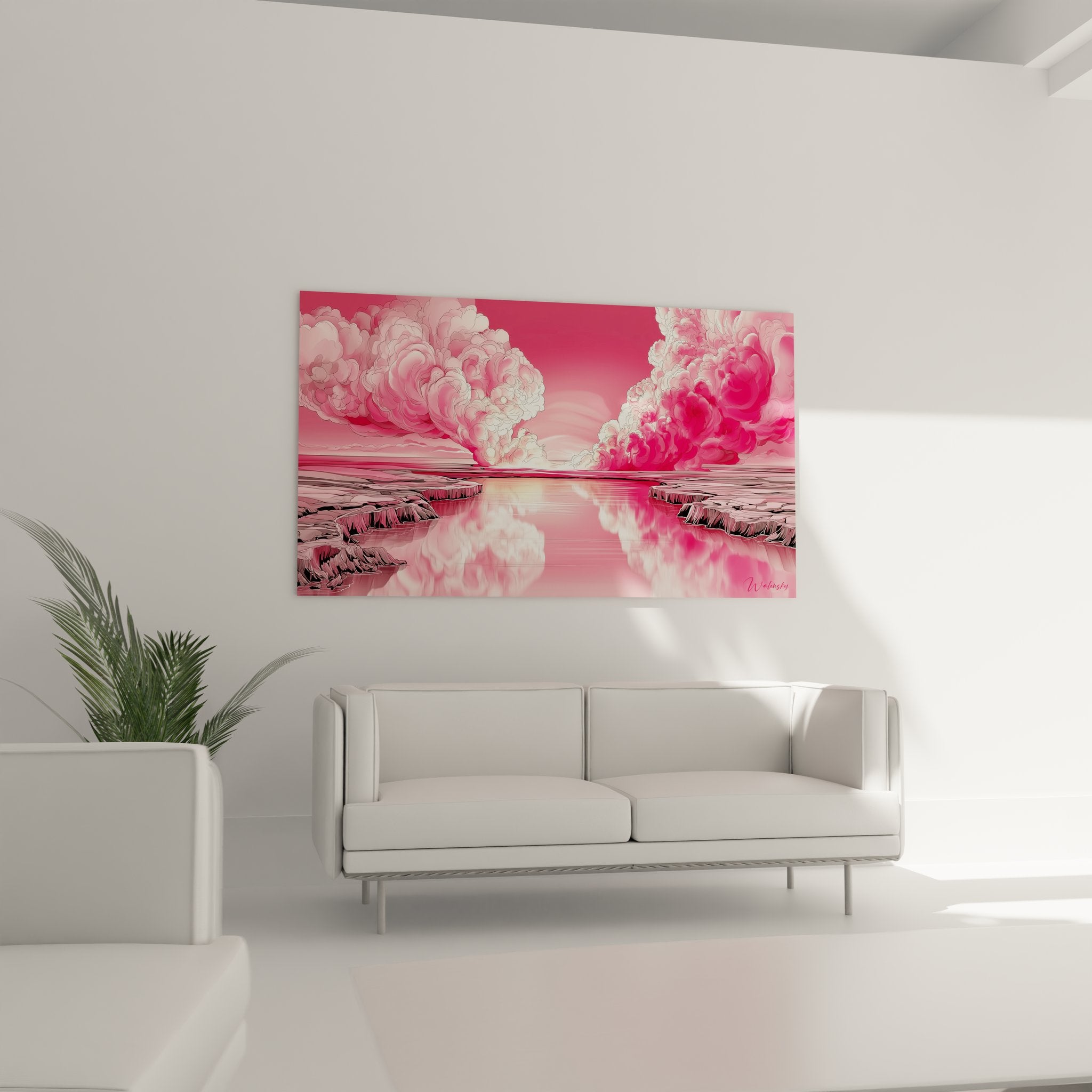 Détail gros plan tableau éruption volcanique - nuages roses et textures vapeurs volcaniques