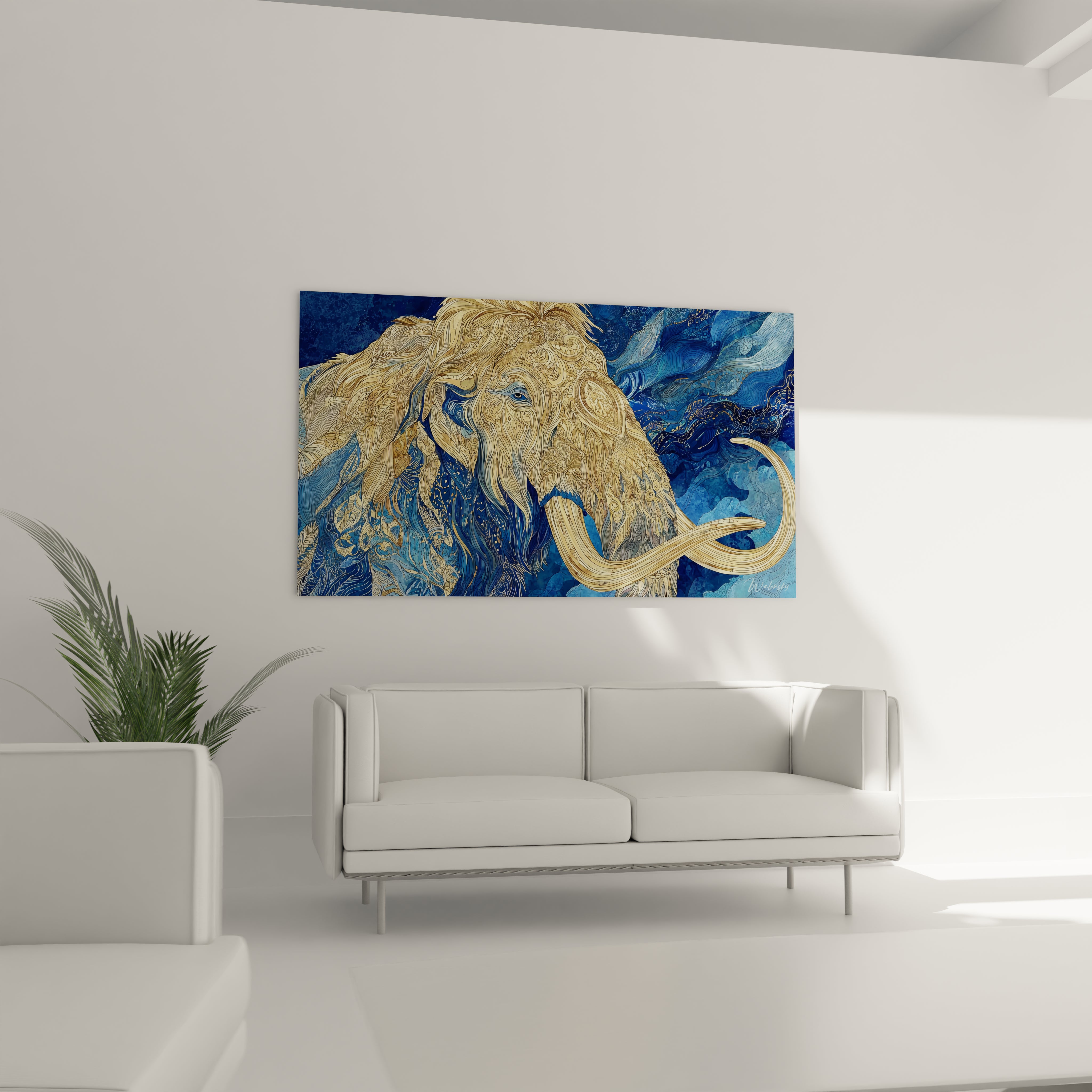 Gros plan détails ornements dorés mammouth laineux - texture fourrure et défenses sculptées artistiques