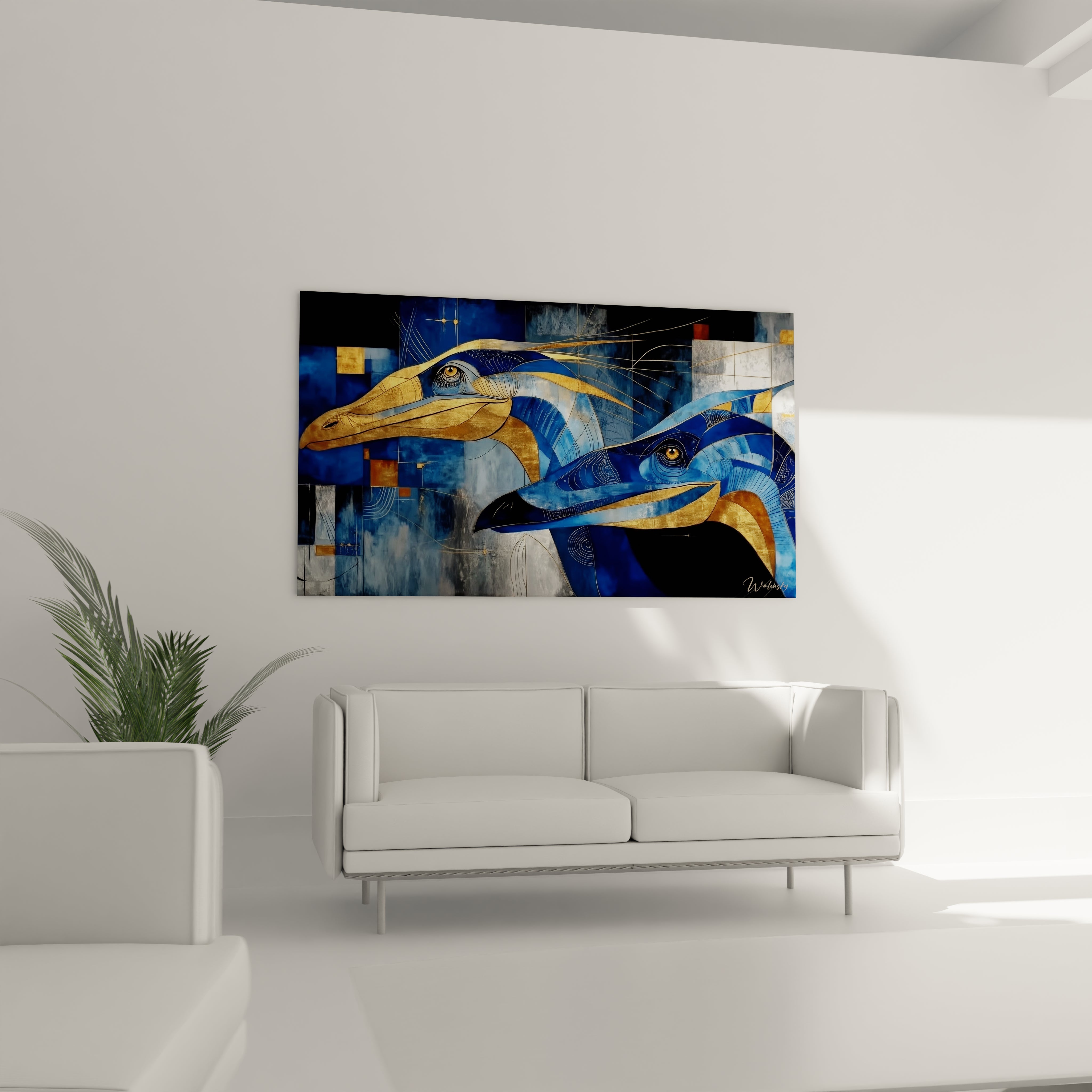 Gros plan détails tableau dinosaure marin textures dorées motifs géométriques art contemporain