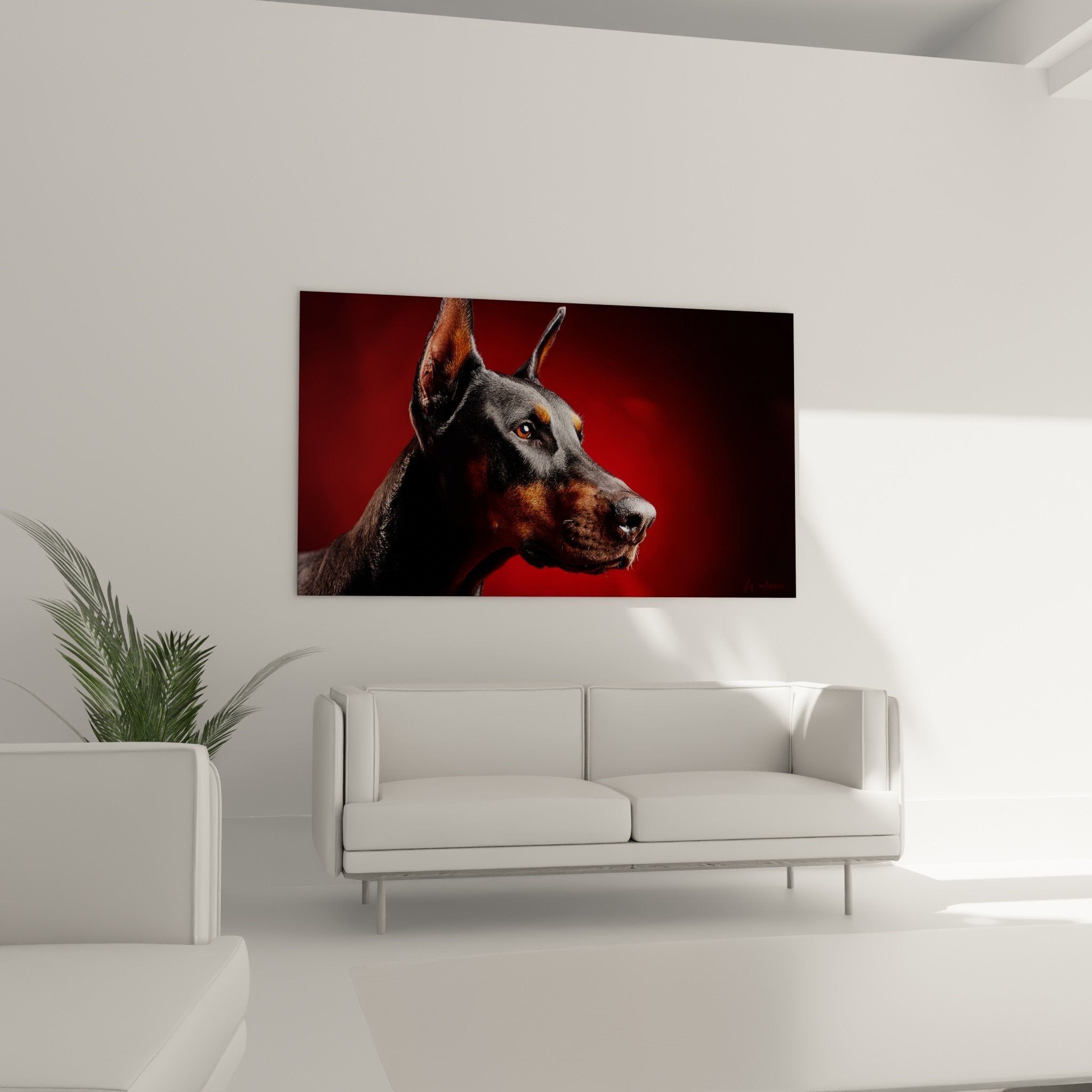 close-up doberman golden eyes black coat tan markings detailed realistic canine portrait photographic art