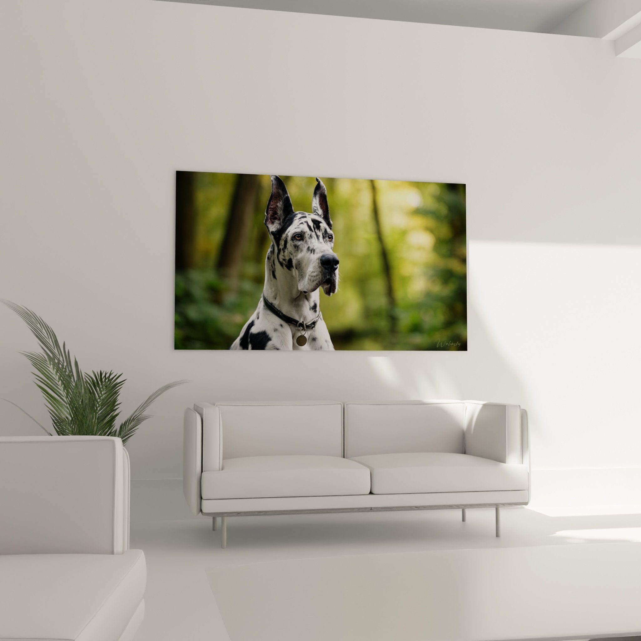 Nahaufnahme intensiver Blick einer harlekinweißen Deutschen Dogge mit blauen Augen und schwarzer Gesichtszeichnung auf weißem Hintergrund