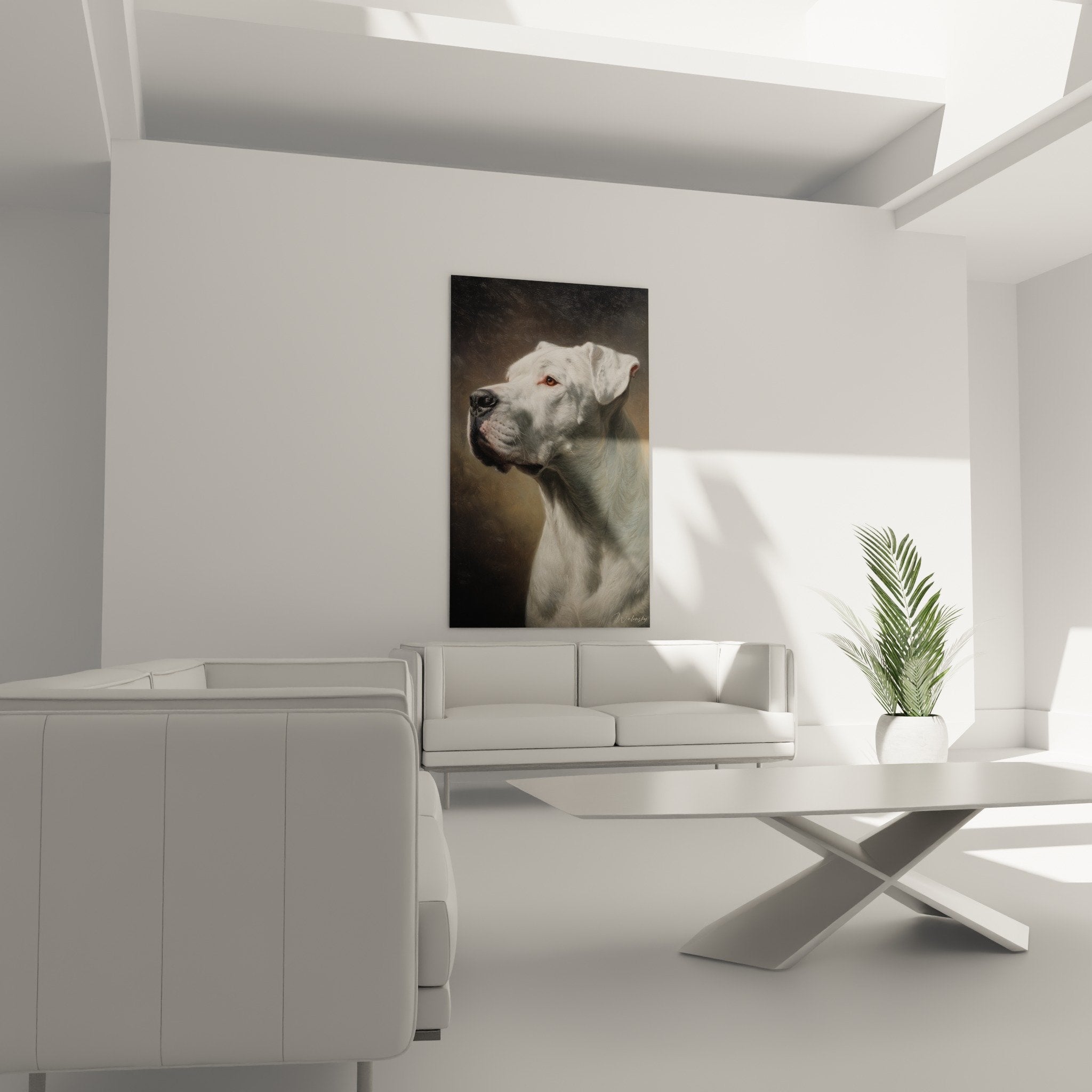 Primo piano ritratto dogo argentino mantello bianco dettagli texture occhi ambra espressione nobile