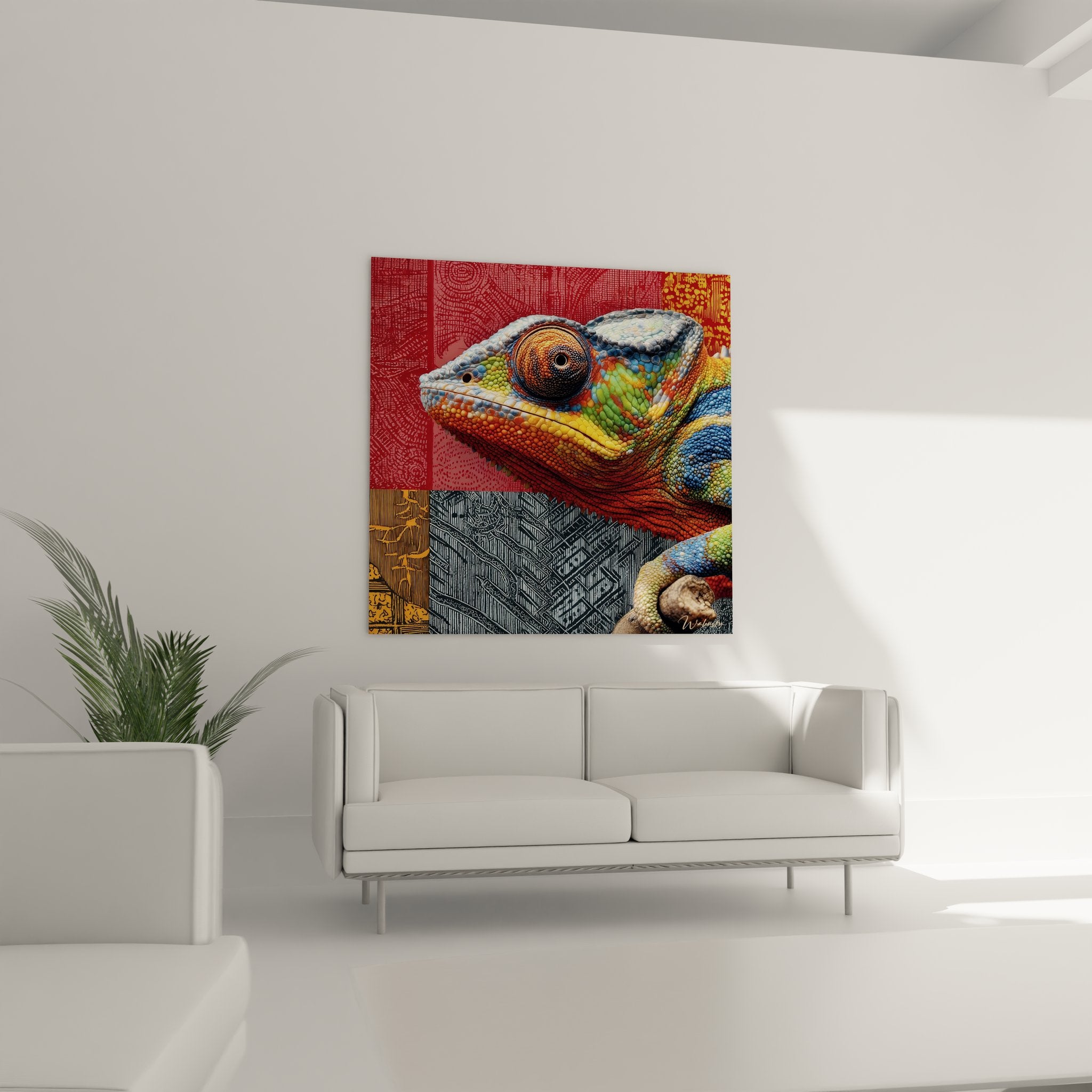 Gros plan détaillé des écailles multicolores et œil hypnotique du caméléon sur tableau mural