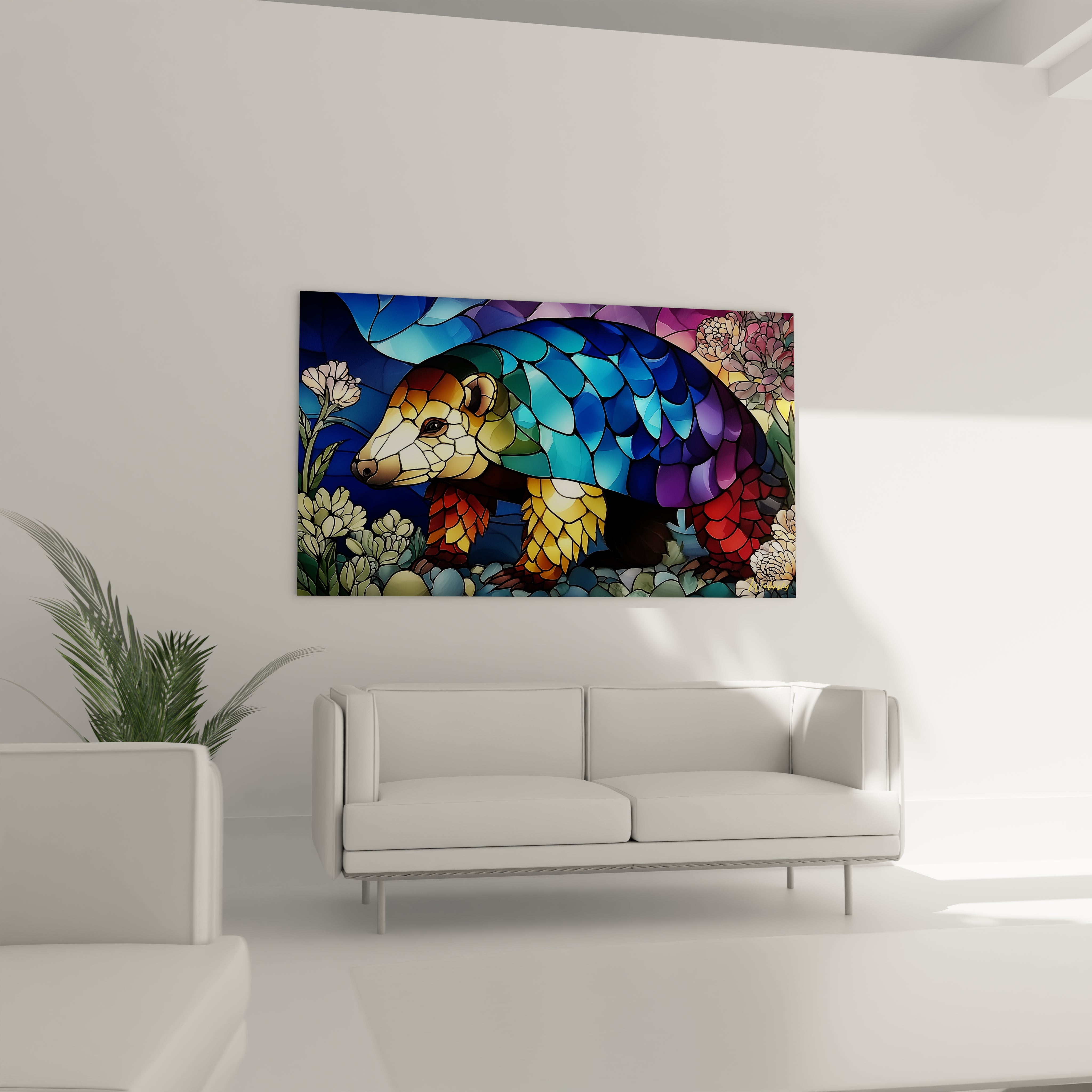 Gros plan écailles pangolin effet vitrail couleurs bleu violet doré art mural
