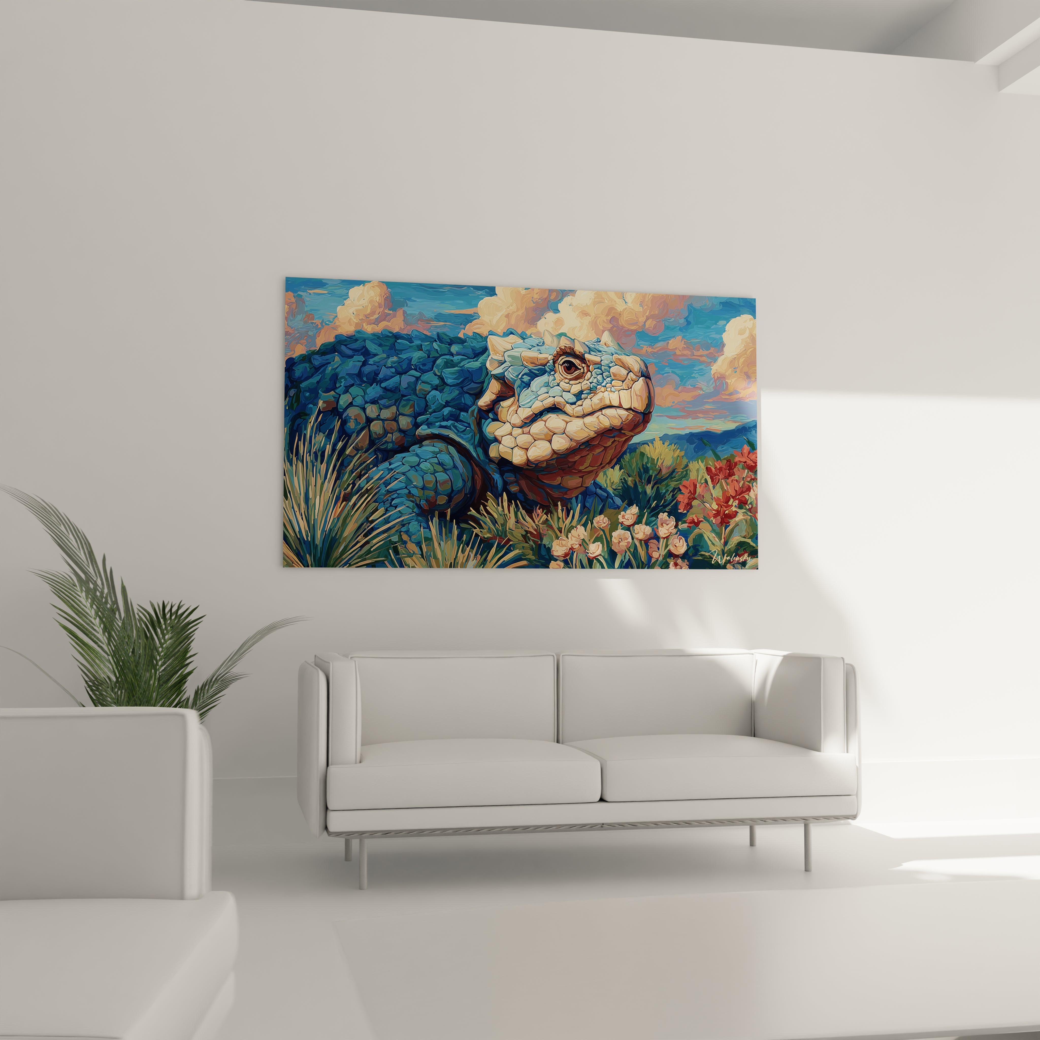 Gros plan détaillé des écailles colorées du Scutosaurus sur tableau mural artistique