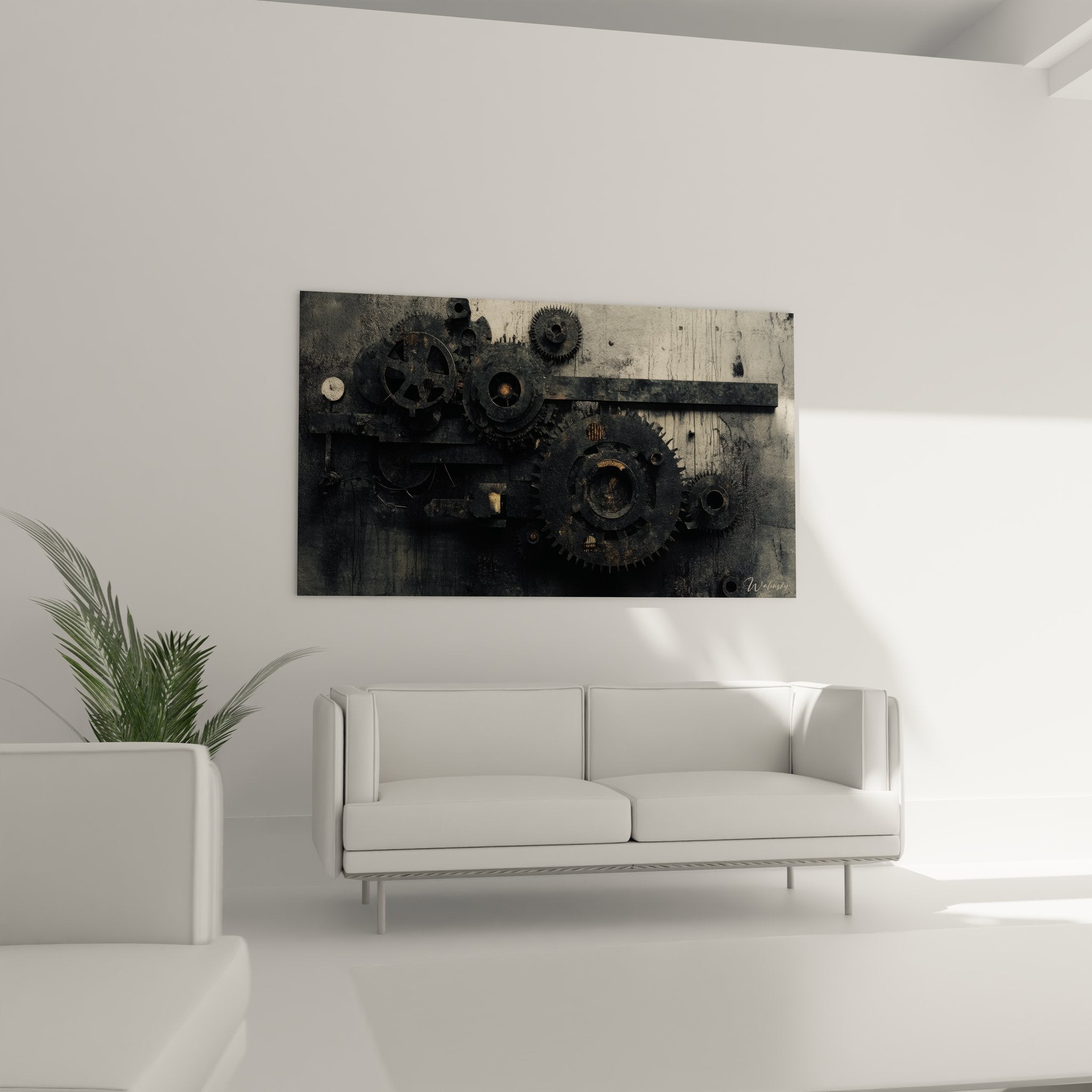 Gros plan sur engrenages métalliques et rouages complexes du tableau mural art industriel vintage