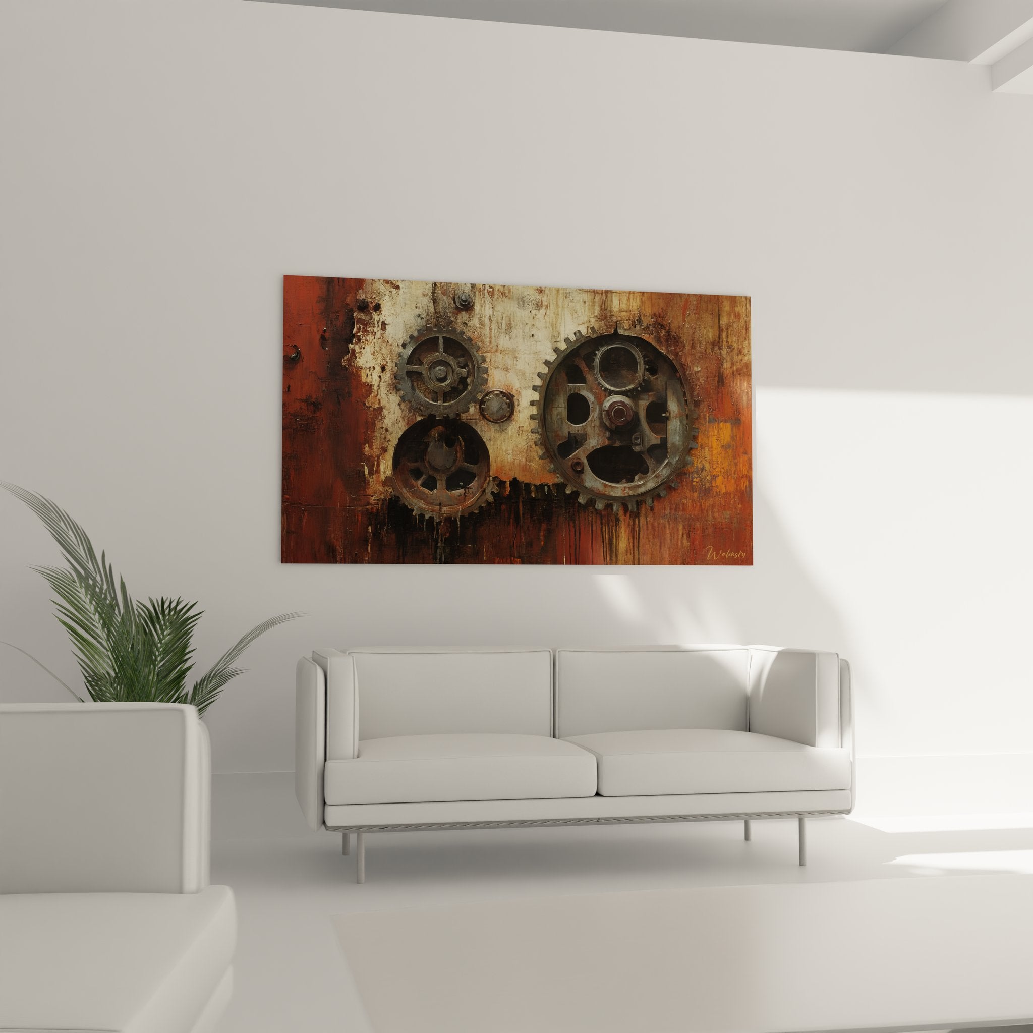 Gros plan détaillé engrenages métalliques rouillés tableau art industriel textures authentiques