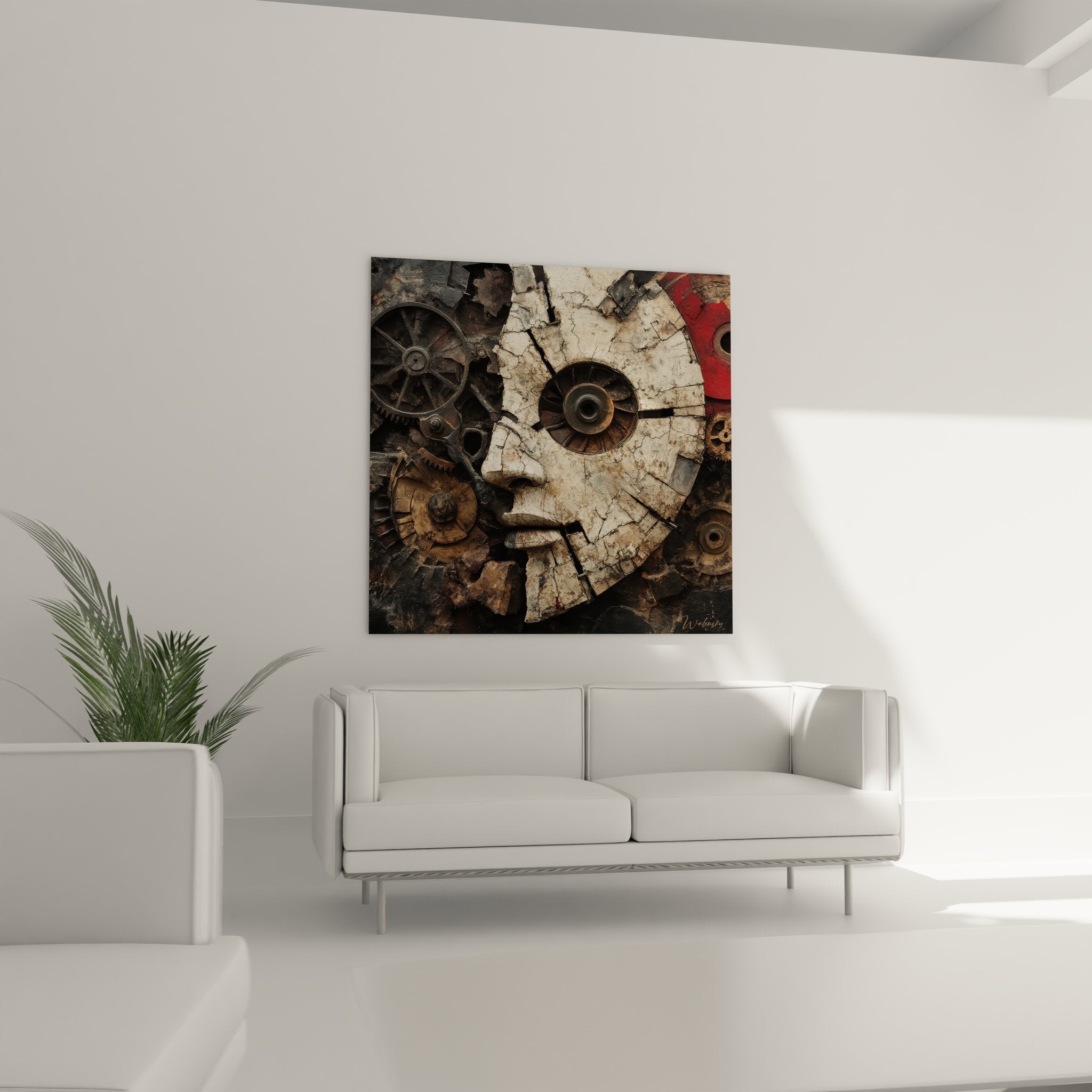 Gros plan détaillé des engrenages métalliques et textures du tableau art industriel visage mécanique