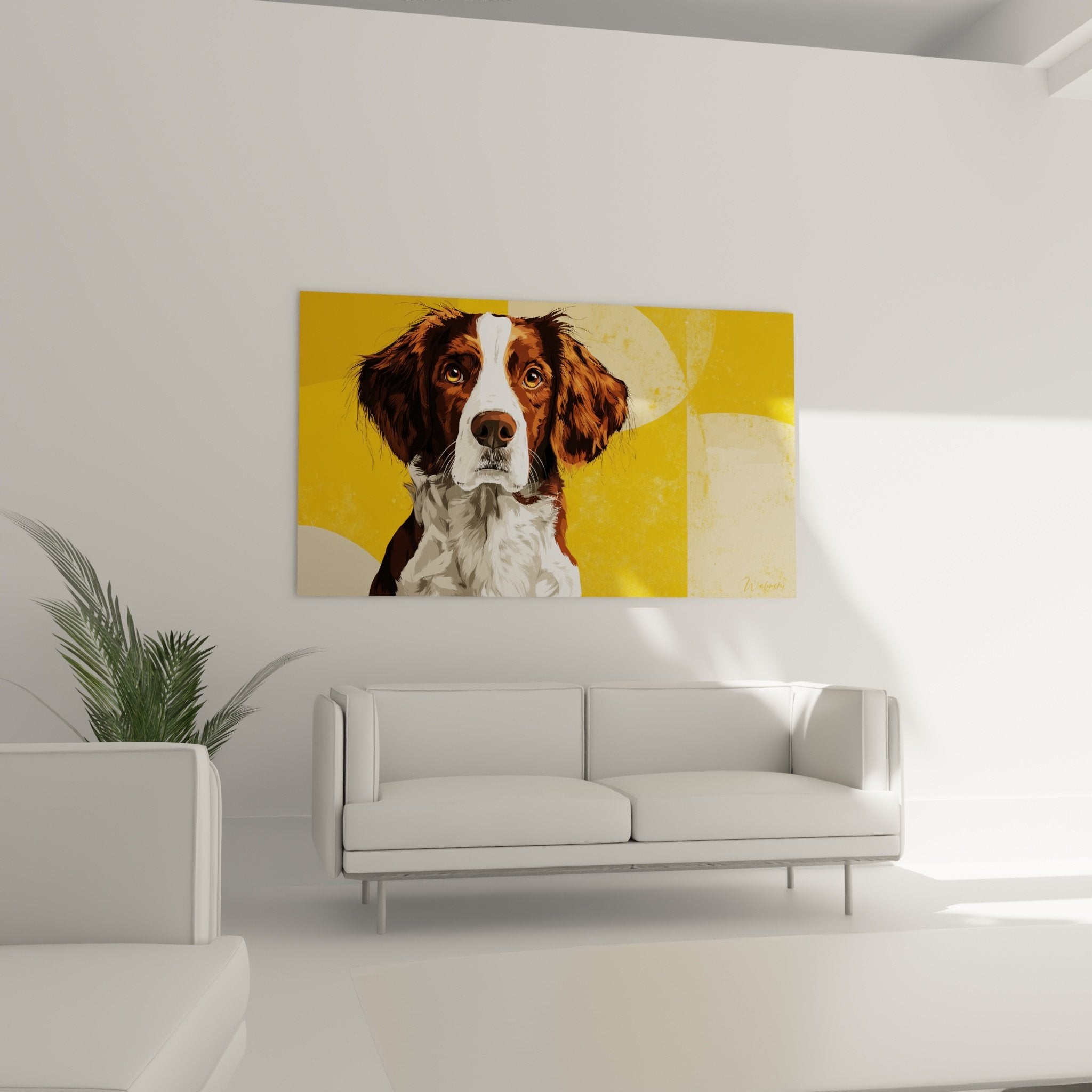Nahaufnahme Porträt Bretonischer Spaniel ausdrucksstarker Blick bernsteinfarbene Augen rot-weiß Fell künstlerisches Gemälde