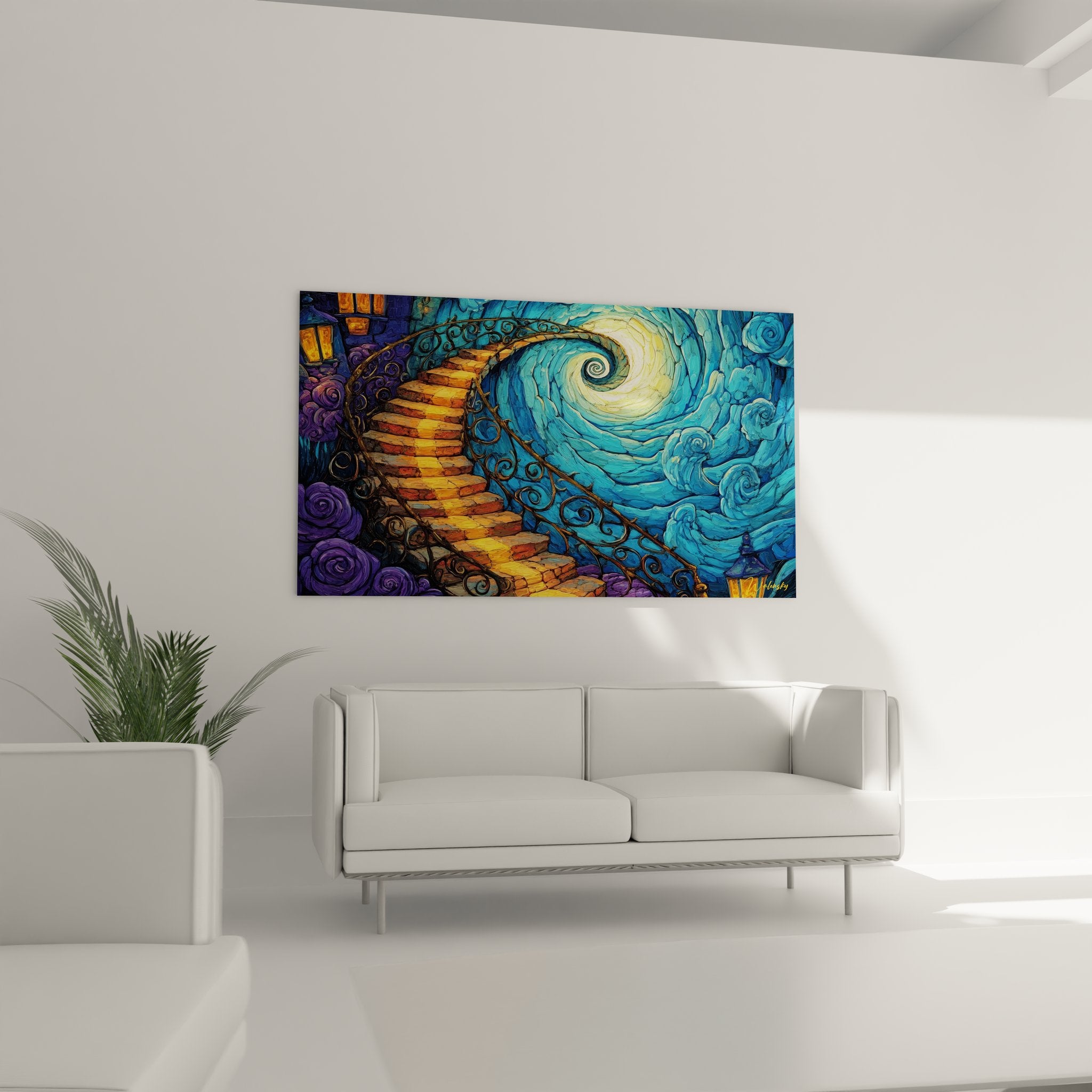 Gros plan tableau escalier doré vers vortex turquoise, détails spirale abstraite lumineuse