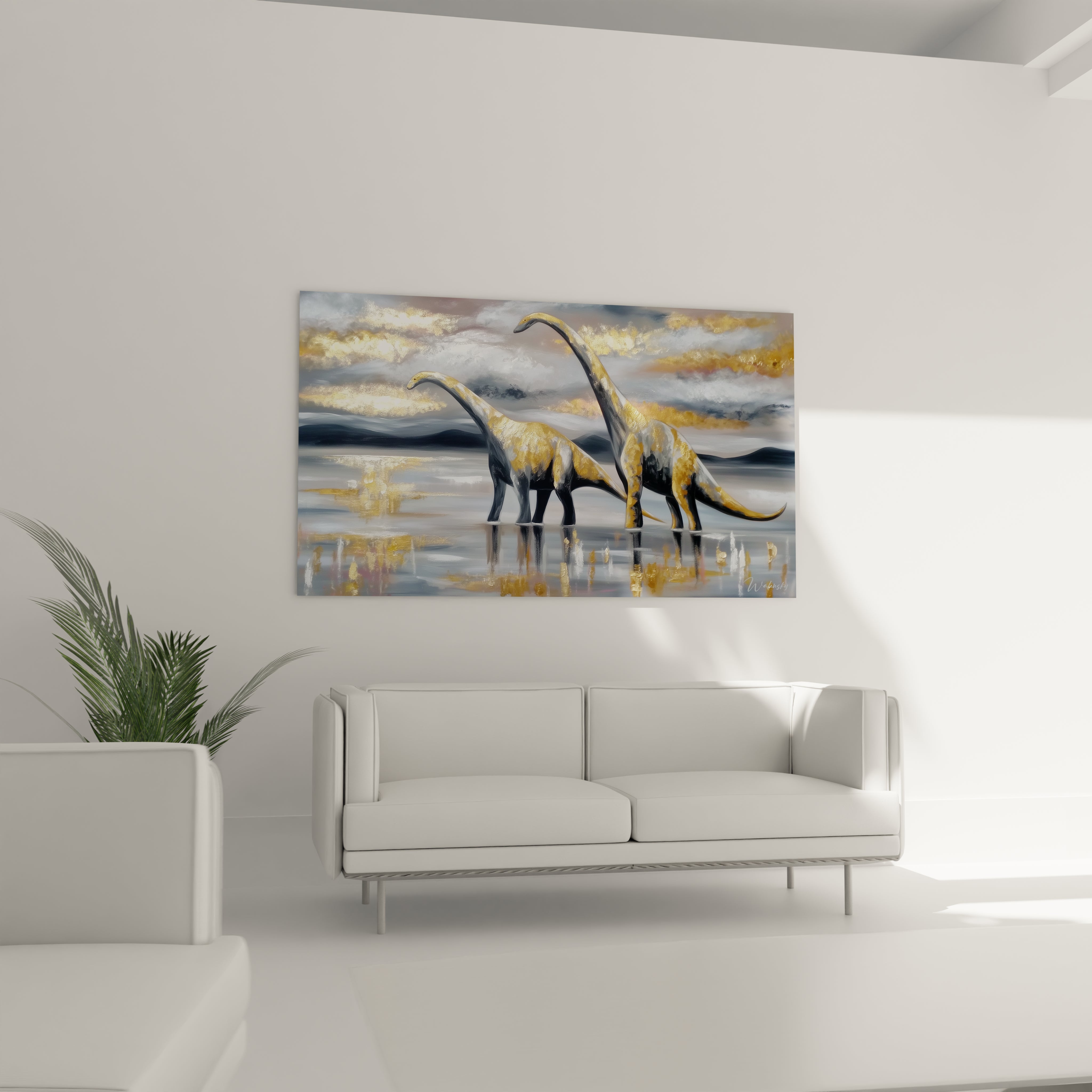 Gros plan finitions dorées tableau diplodocus, détails artistiques et textures premium