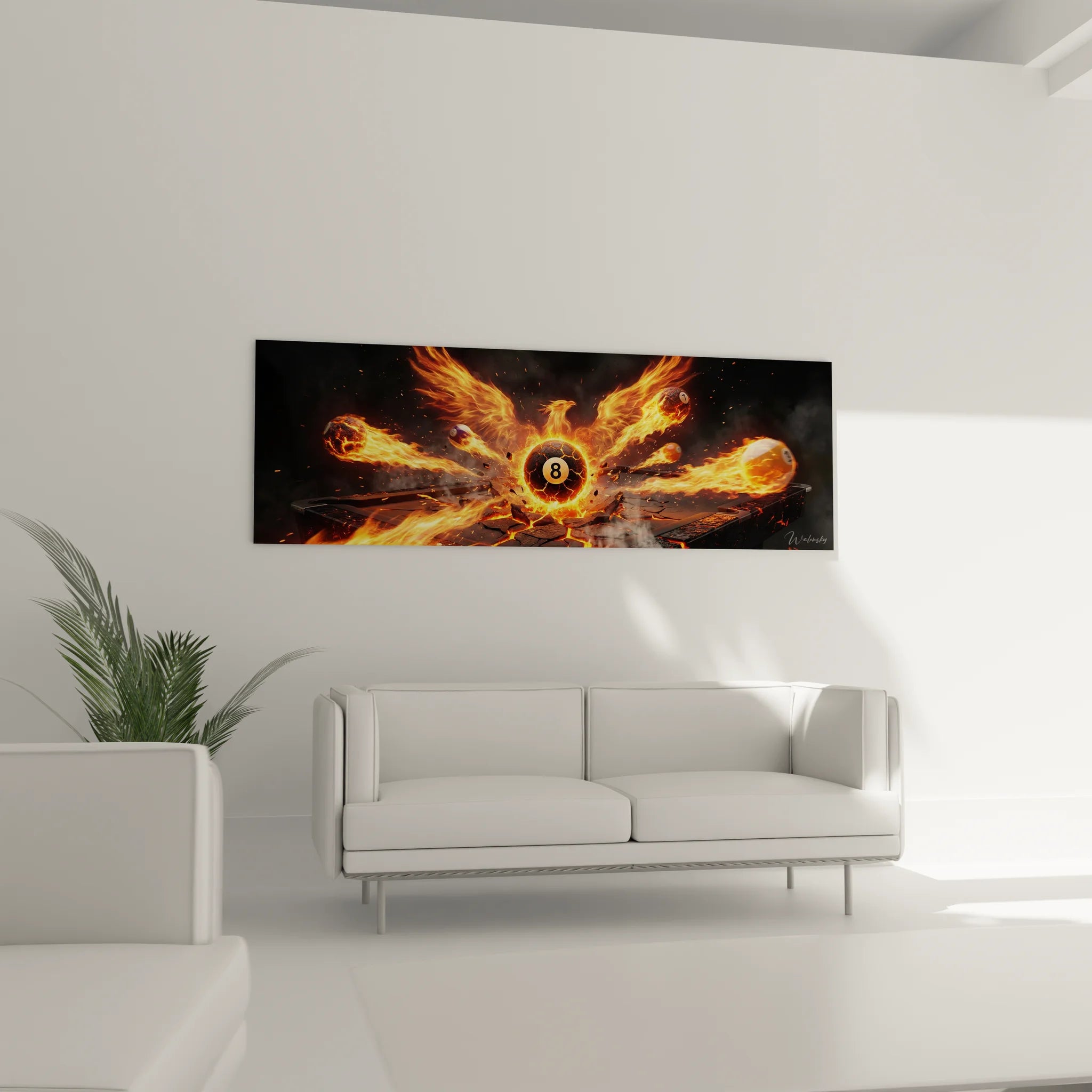 Gros plan détaillé des flammes dorées et plumes incandescentes du phénix billard artistique