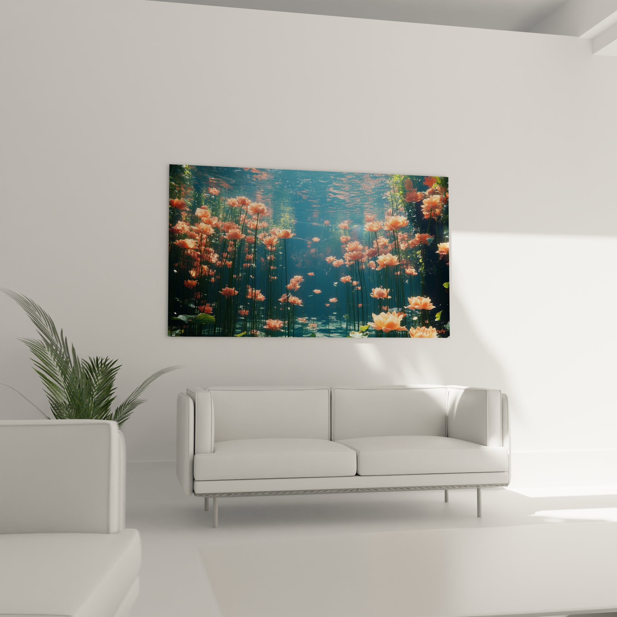 Gros plan détaillé fleurs corail immergées tableau art aquatique décoratif