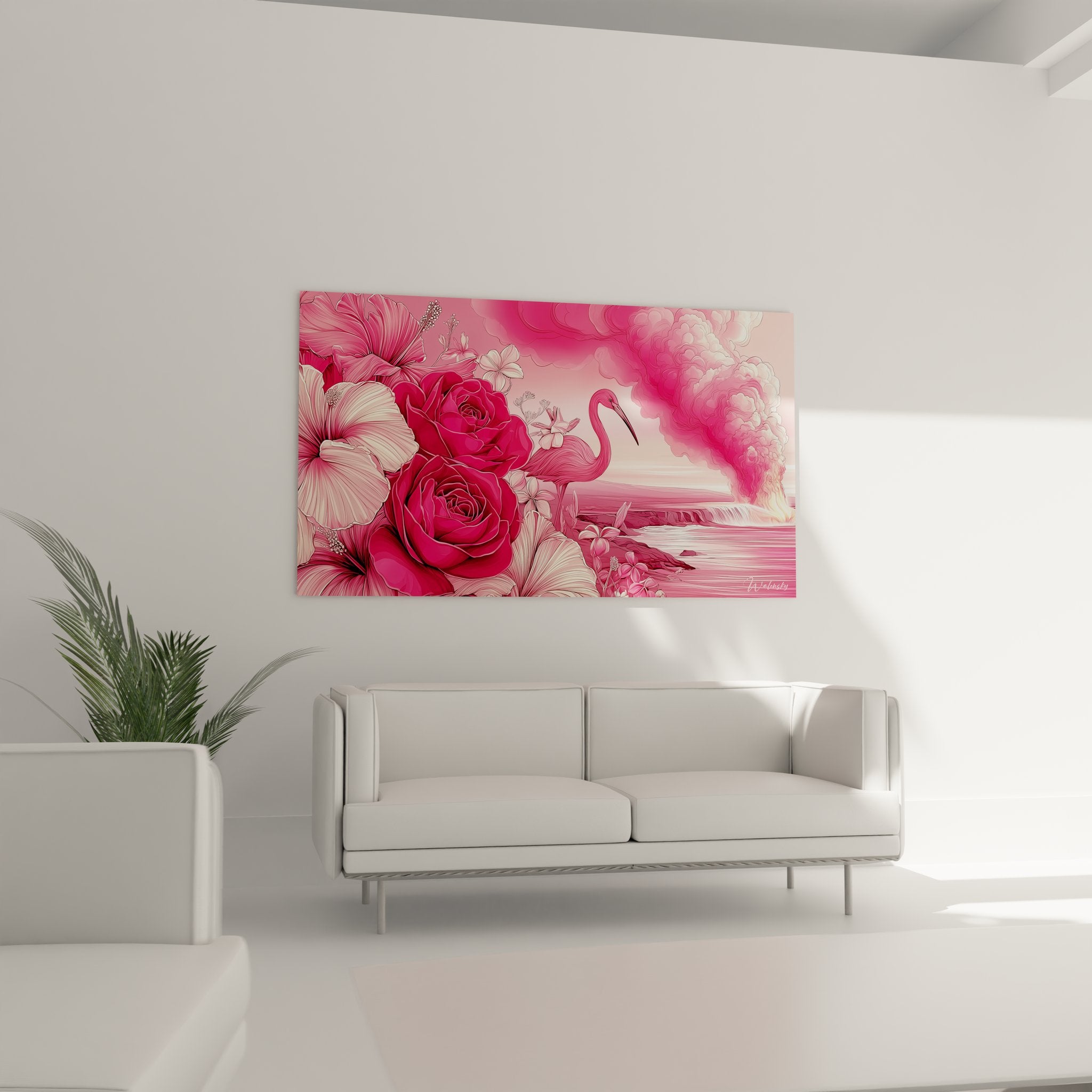 Gros plan sur les détails floraux du tableau flamant rose montrant les pétales de roses et hibiscus