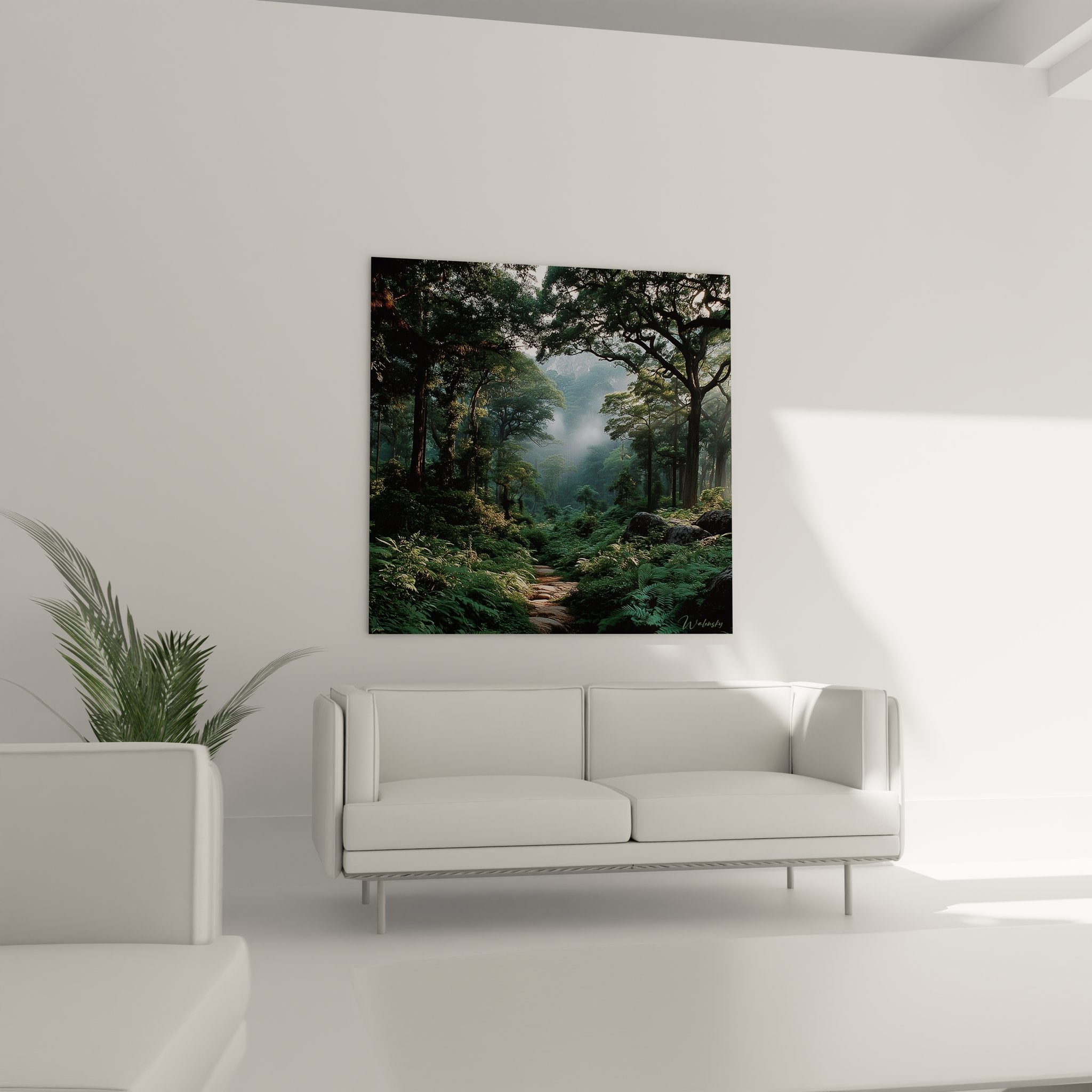 Gros plan sur les détails du tableau forêt montrant les fougères et le chemin de pierre naturel