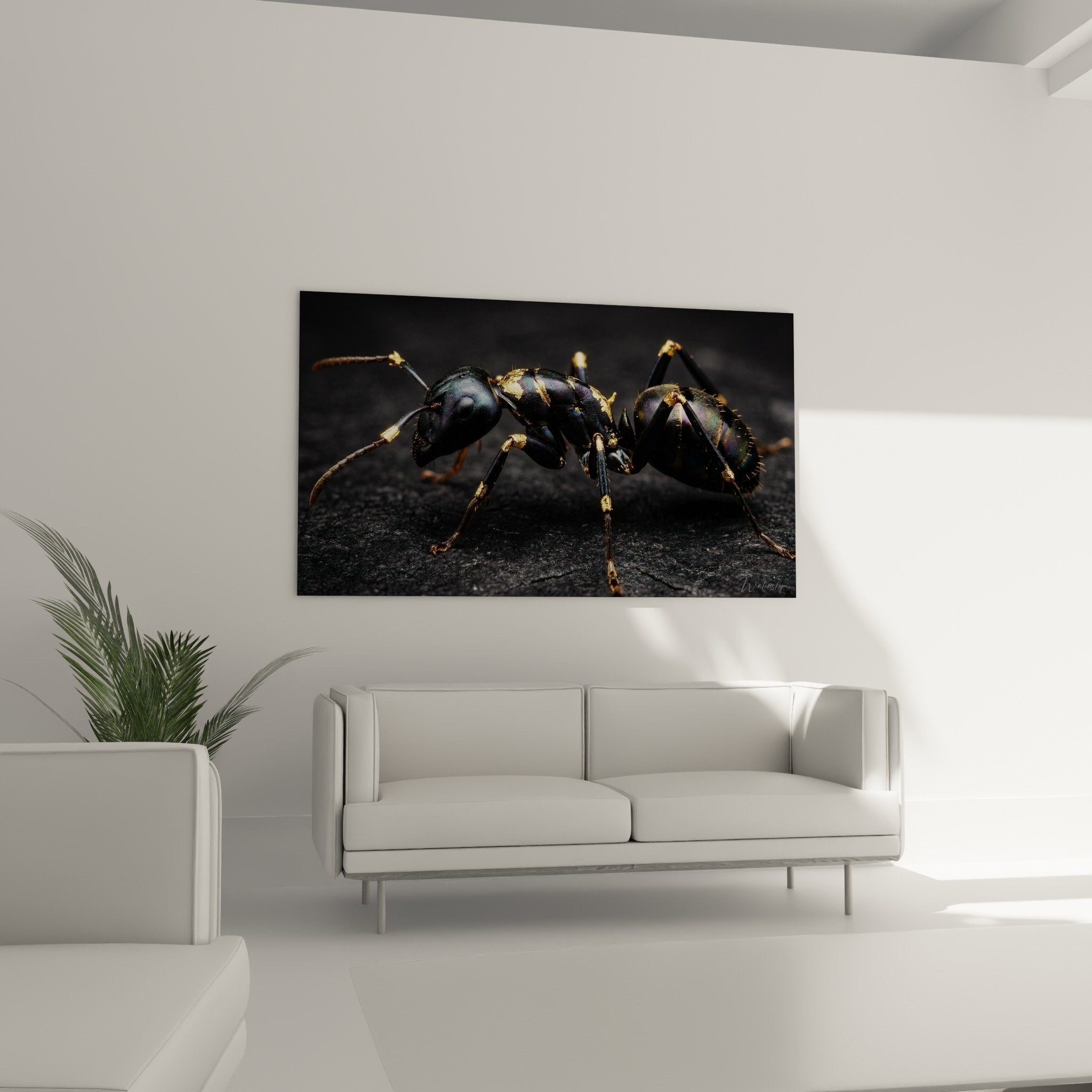 Close-up of ant with golden metallic reflections detailed exoskeleton antennae legs macro photography