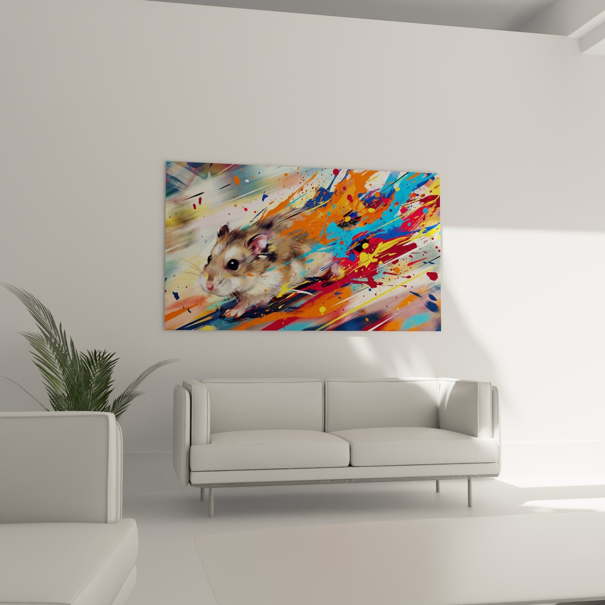 Gros plan hamster portrait artistique eclaboussures peinture couleurs vives orange bleu