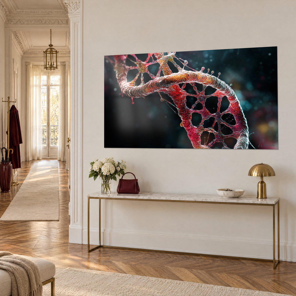 Tableau structure moléculaire en spirale écarlate et ambre, alvéoles translucides, sur un mur crème au-dessus d'une console dorée