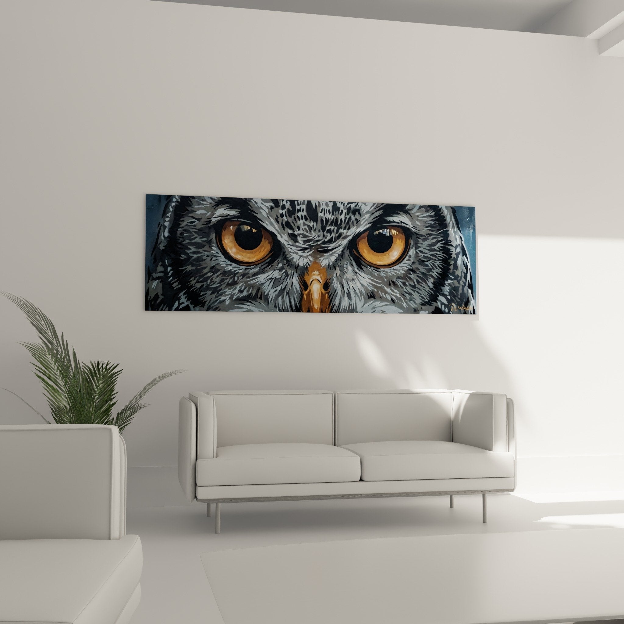 Gros plan tableau hibou street art pochoir detail yeux ambre